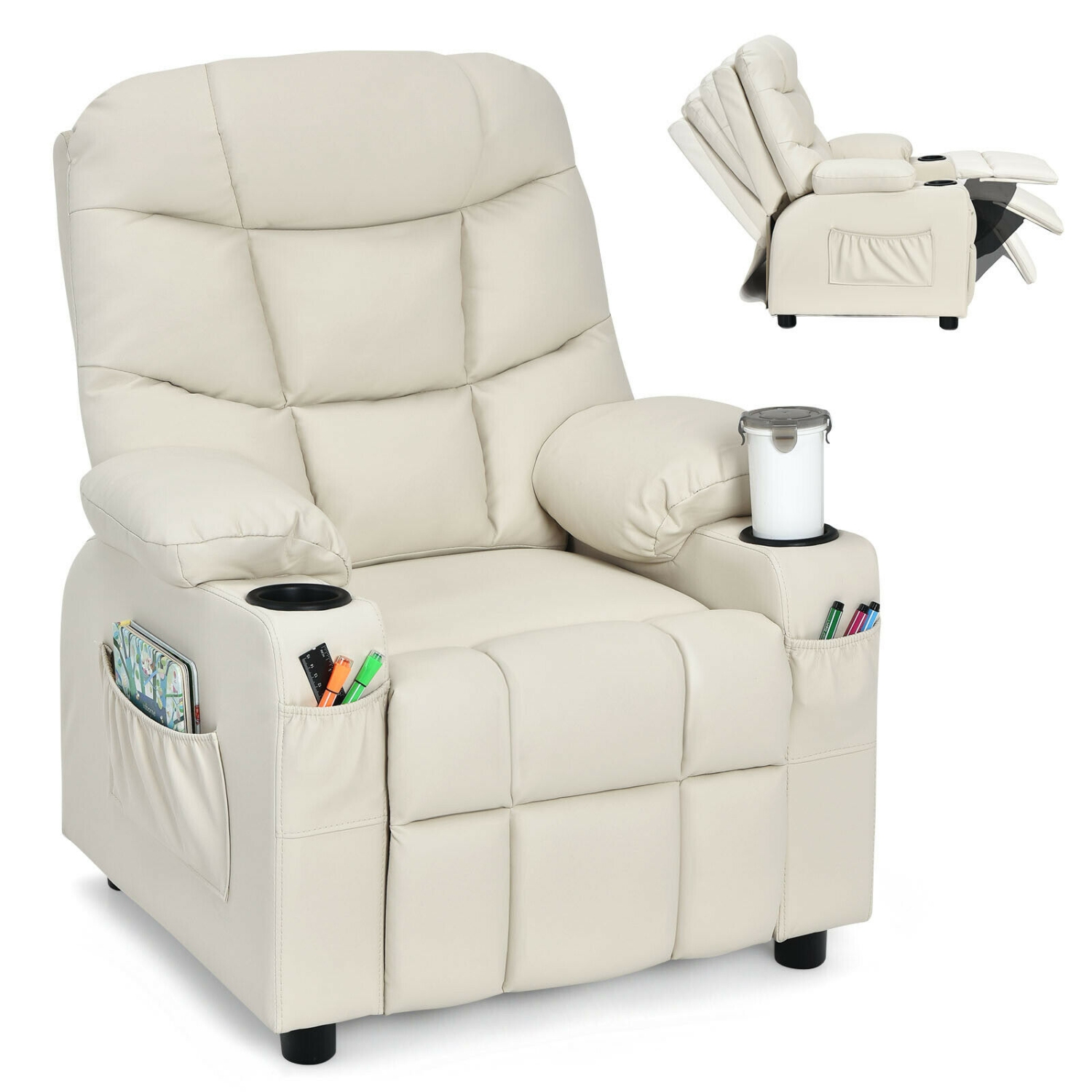 Fauteuil inclinable en similicuir en polyuréthane pour enfants avec porte-gobelets et poches latérales - Beige