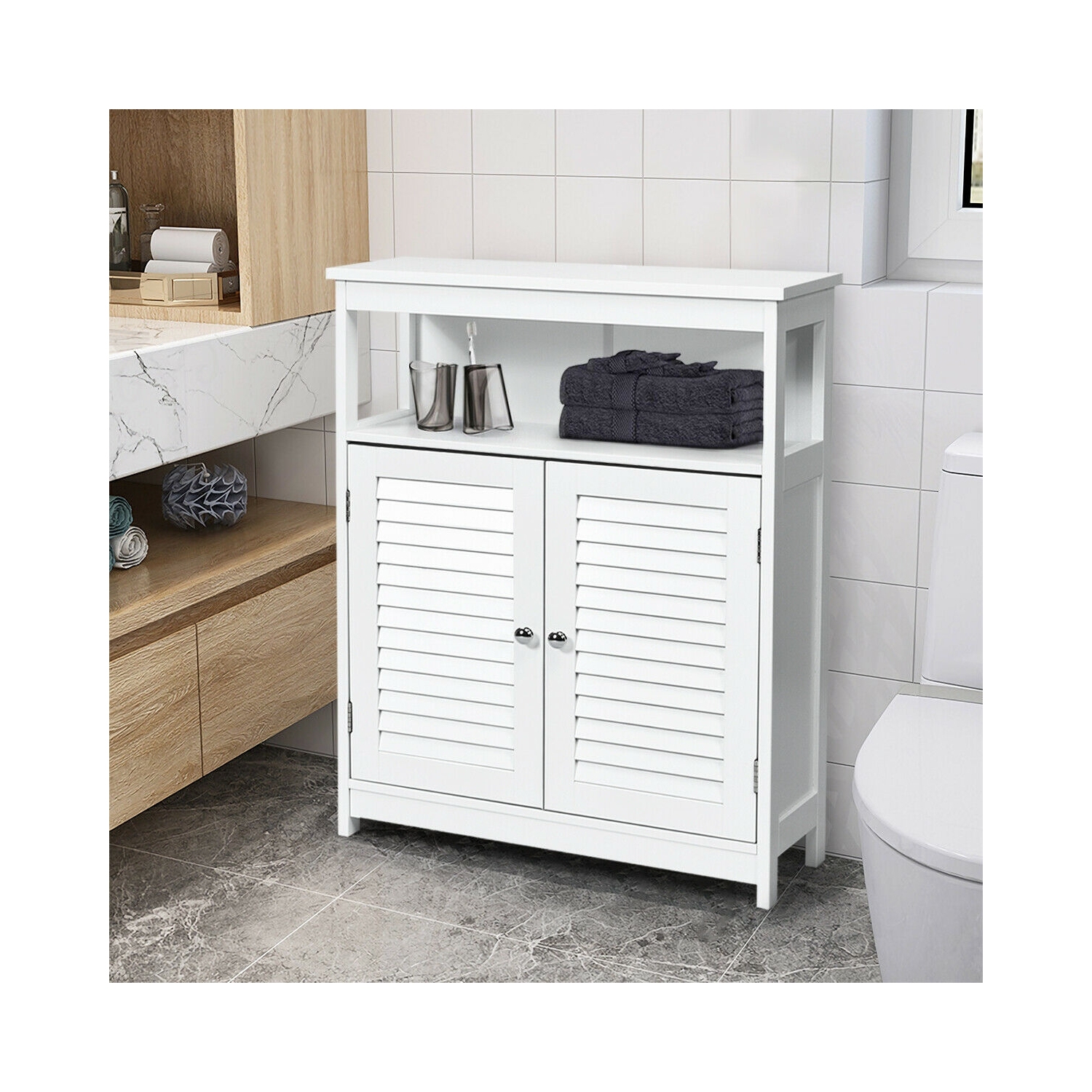 Wood Bathroom Storage Cabinet with Shutter Doors for Towels and Toiletries