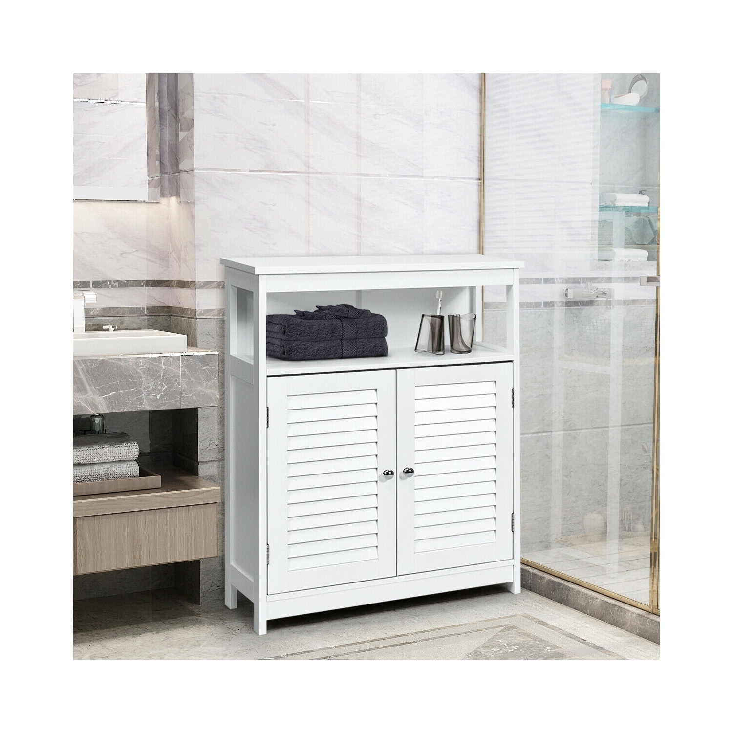 Wood Bathroom Storage Cabinet with Shutter Doors for Towels and Toiletries