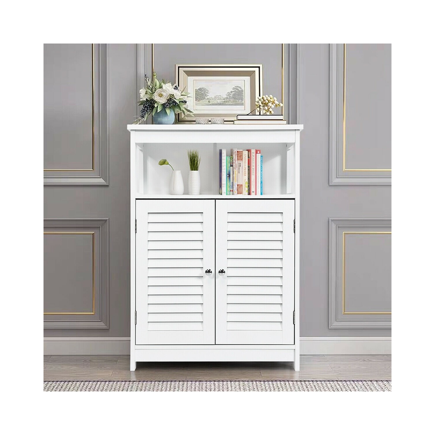 Wood Bathroom Storage Cabinet with Shutter Doors for Towels and Toiletries