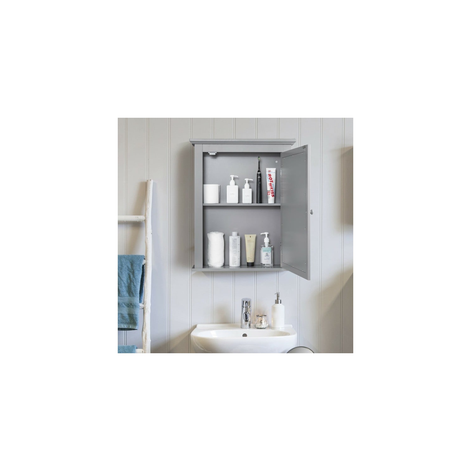 Wall Mount Bathroom Cabinet with One Mirror Single Door Adjustable Shelves Retro Handle