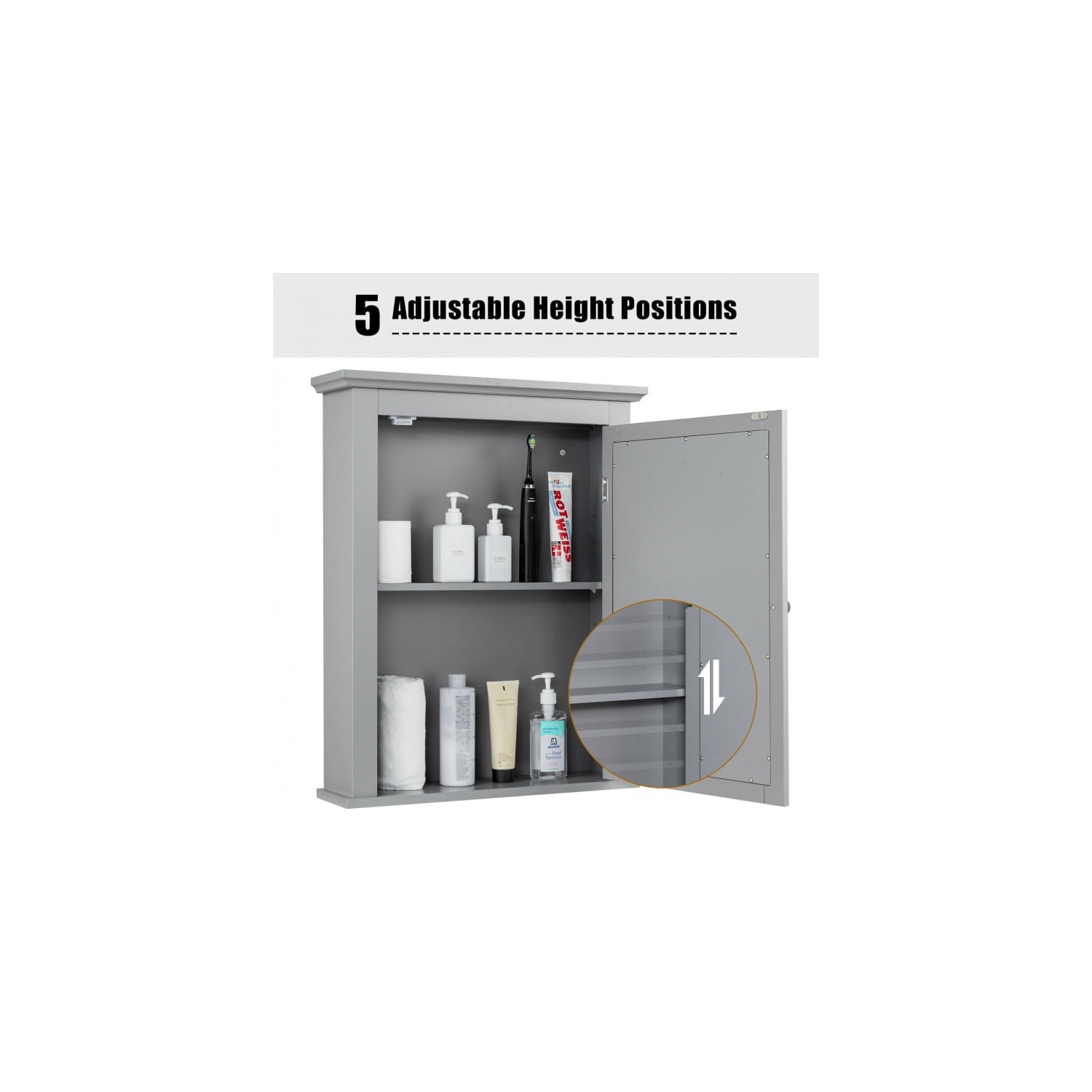 Wall Mount Bathroom Cabinet with One Mirror Single Door Adjustable Shelves Retro Handle