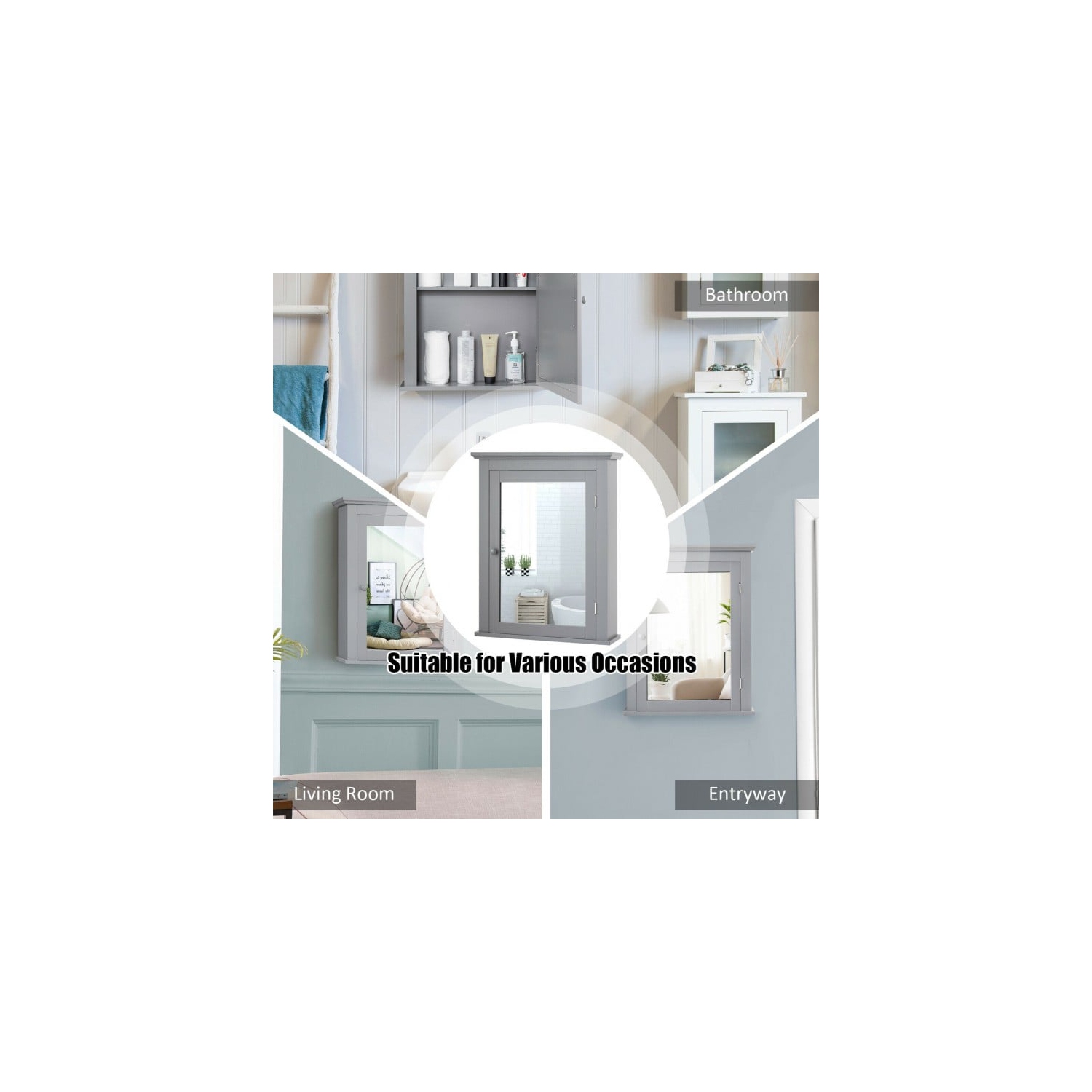 Wall Mount Bathroom Cabinet with One Mirror Single Door Adjustable Shelves Retro Handle