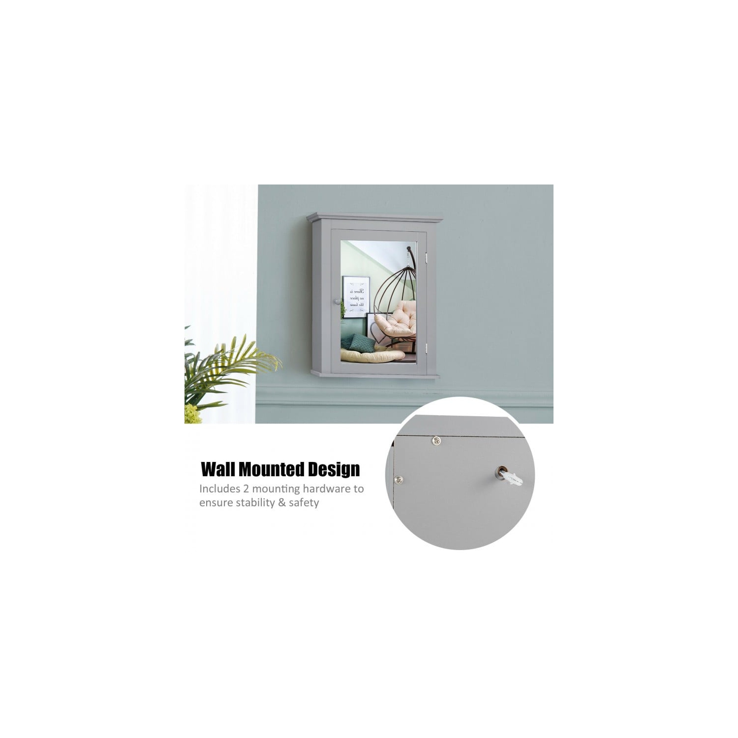 Wall Mount Bathroom Cabinet with One Mirror Single Door Adjustable Shelves Retro Handle