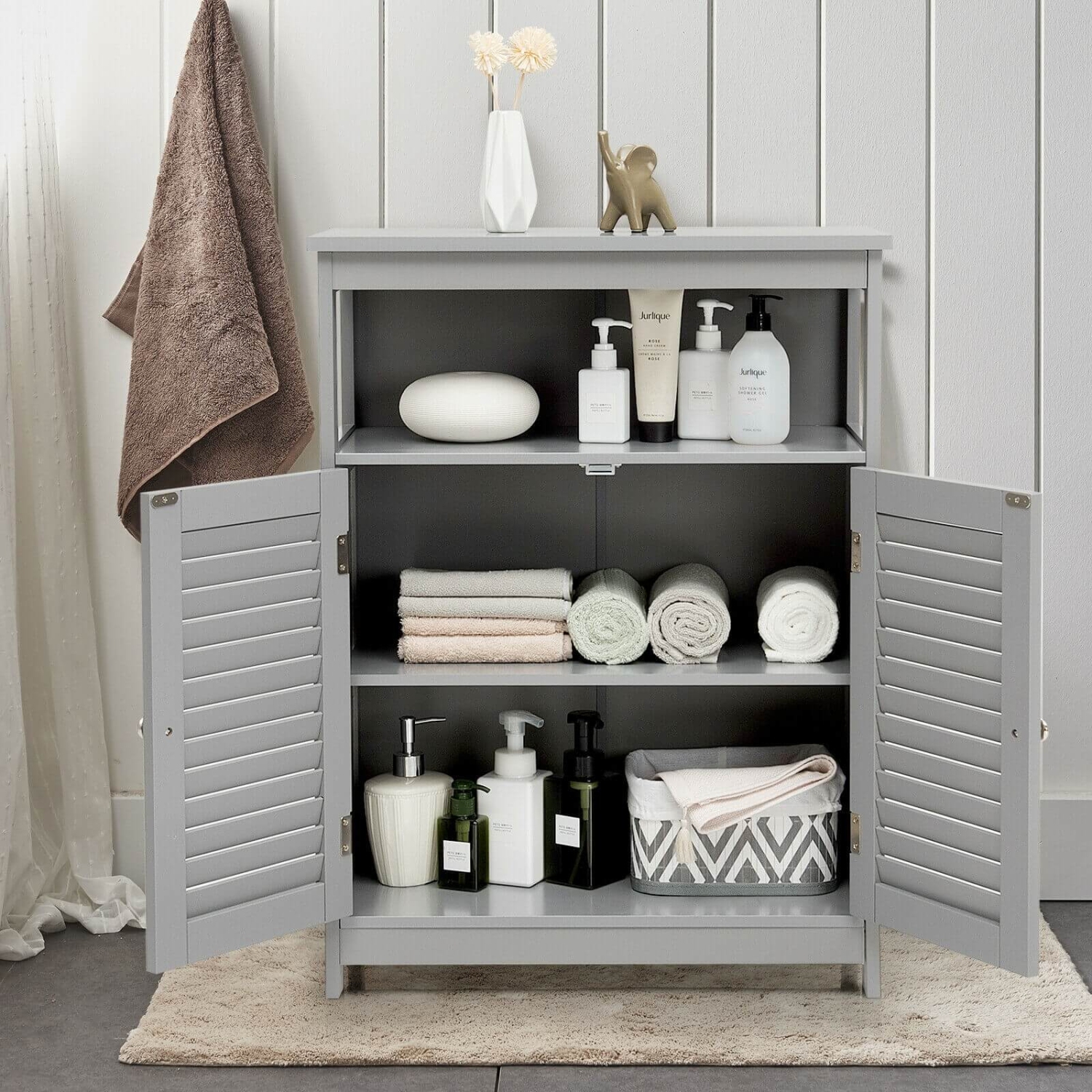 Wood Bathroom Storage Cabinet with Shutter Doors for Towels and Toiletries
