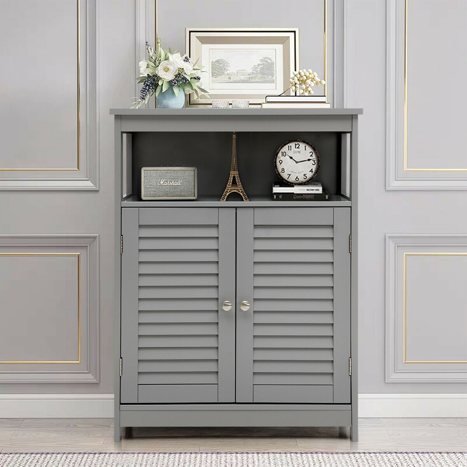 Wood Bathroom Storage Cabinet with Shutter Doors for Towels and Toiletries