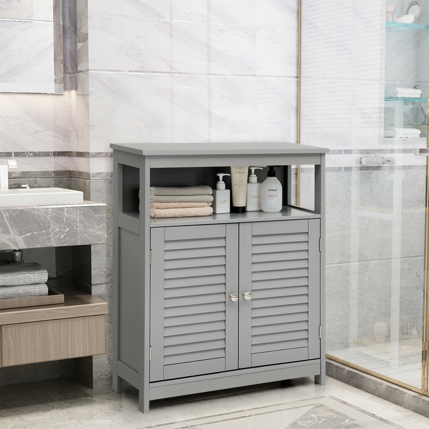 Wood Bathroom Storage Cabinet with Shutter Doors for Towels and Toiletries
