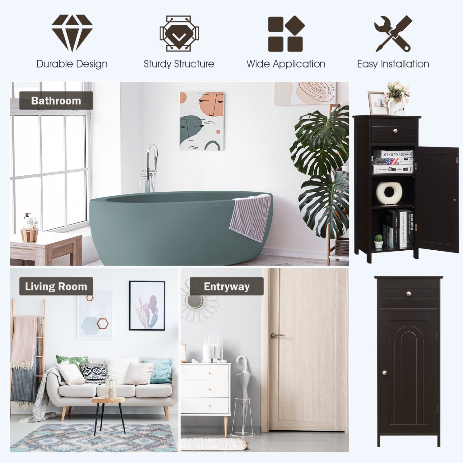 Armoire de plancher compacte en bois avec tiroir et tablette de présentation