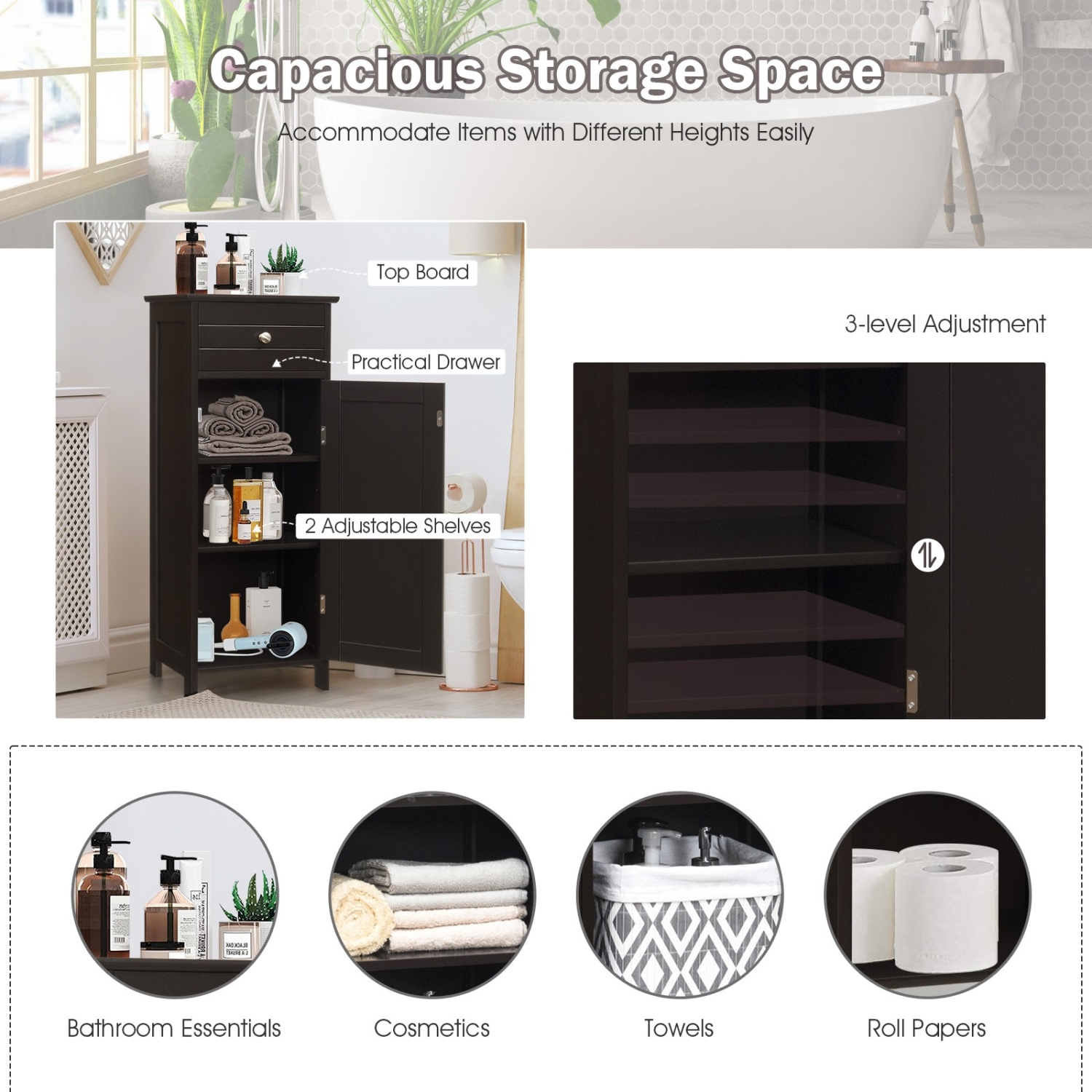 Armoire de plancher compacte en bois avec tiroir et tablette de présentation