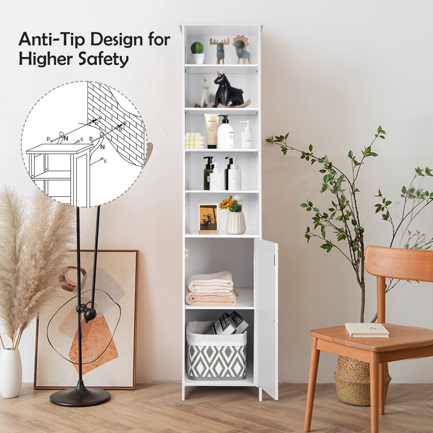 72 Inches Free Standing Tall Floor Bathroom Storage Cabinet-White