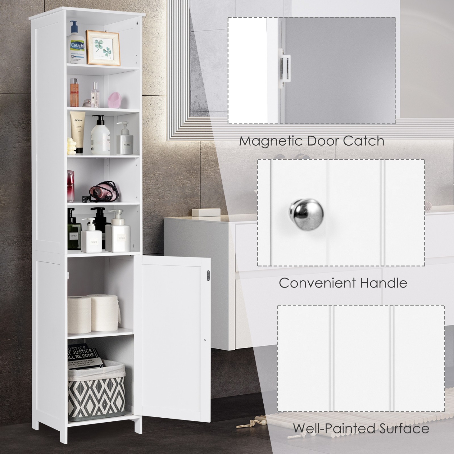 72 Inches Free Standing Tall Floor Bathroom Storage Cabinet-White