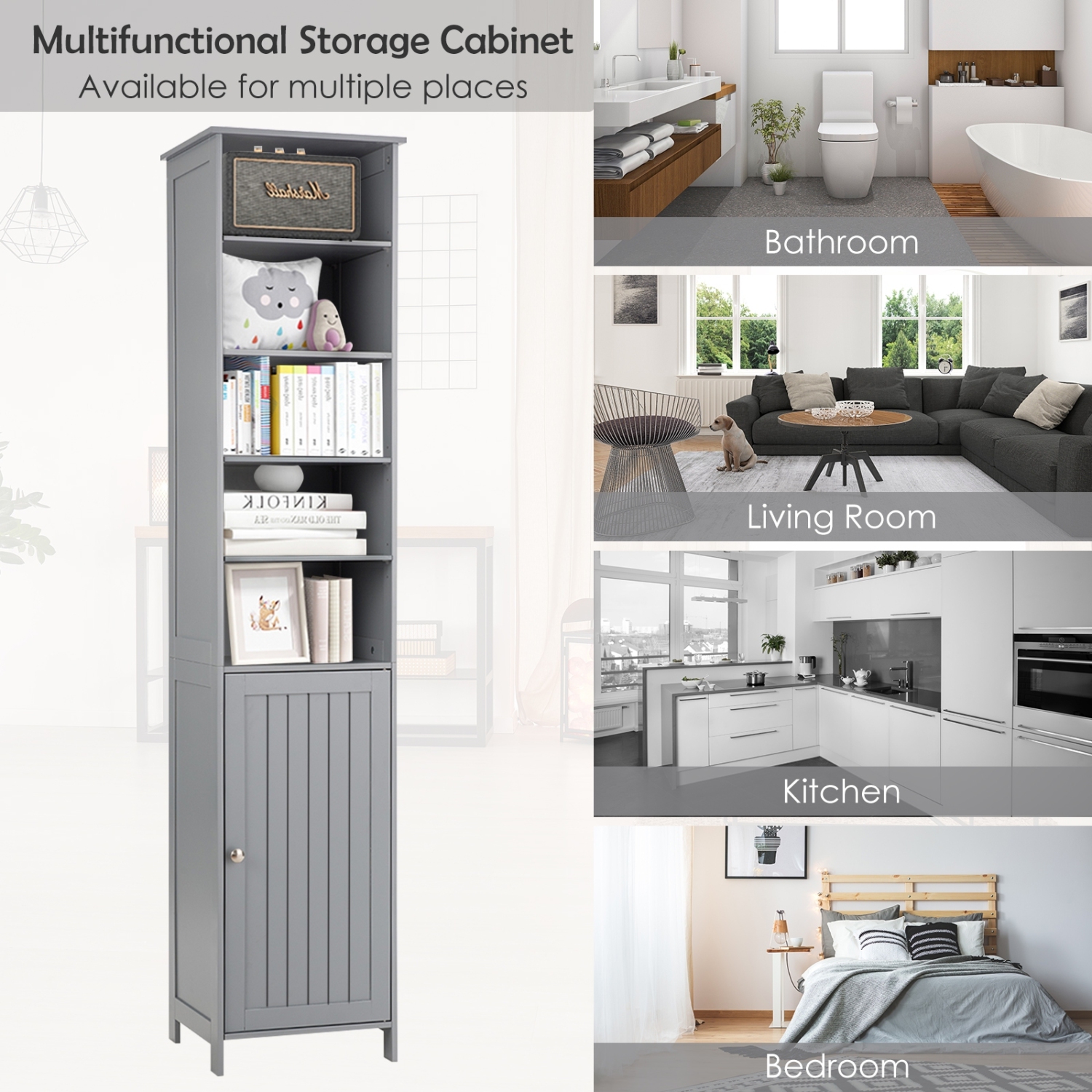 72 Inches Free Standing Tall Floor Bathroom Storage Cabinet-Gray