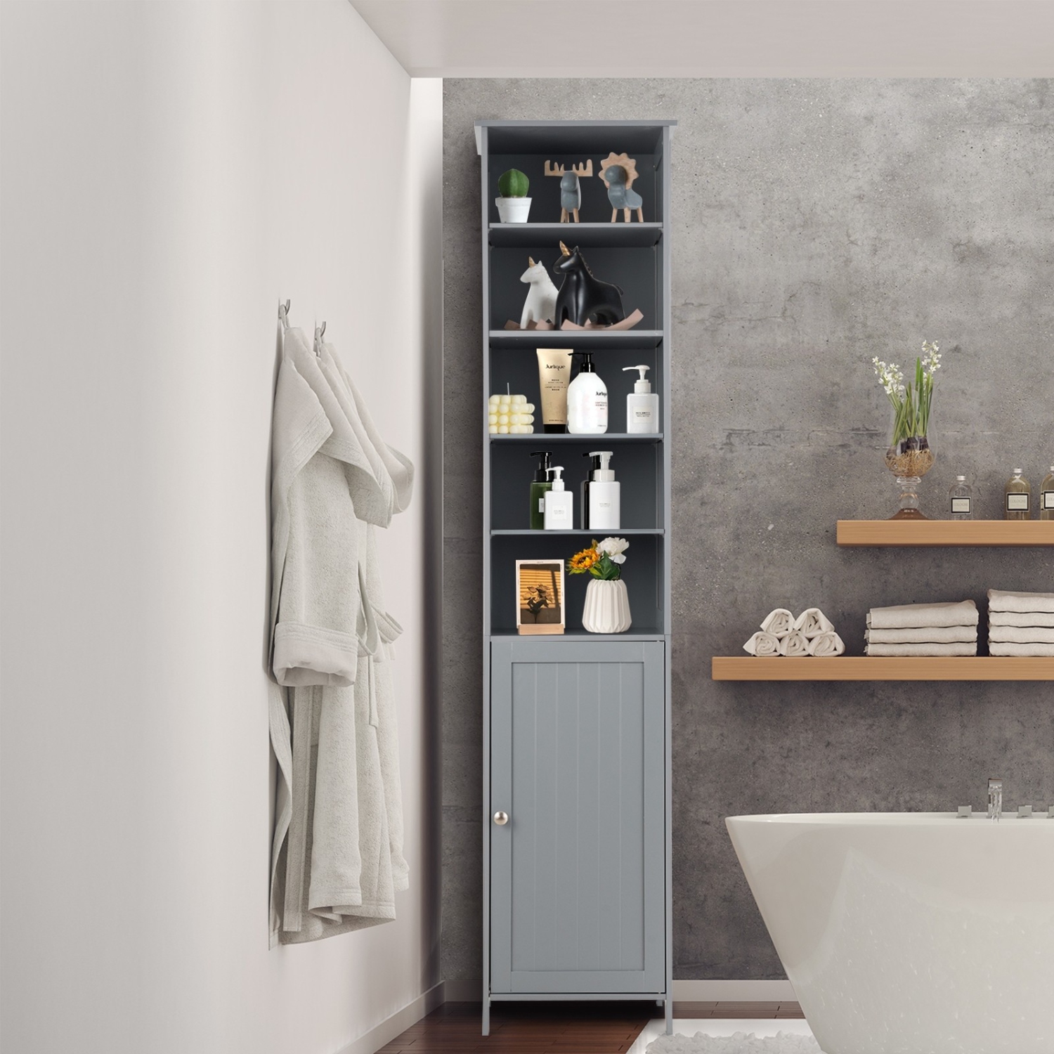 72 Inches Free Standing Tall Floor Bathroom Storage Cabinet-Gray