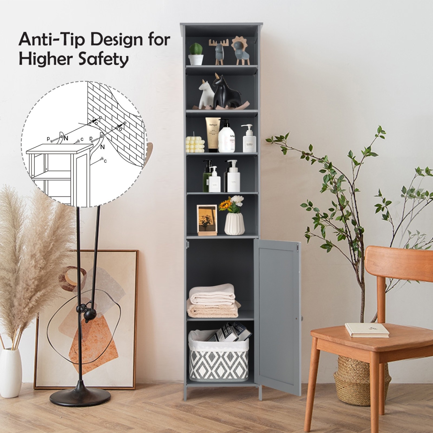 72 Inches Free Standing Tall Floor Bathroom Storage Cabinet-Gray