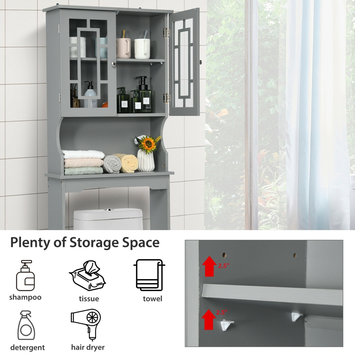 Over-the-Toilet Bathroom Storage Cabinet with Doors for Space Saving Organization