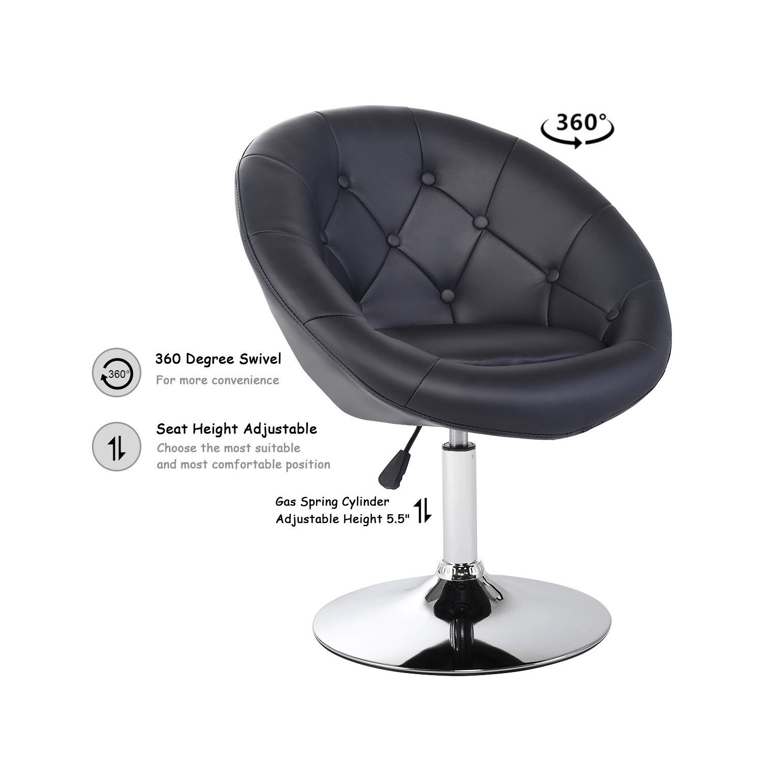Chaise ronde pivotante moderne en similicuir pu, 1 pièce, noir