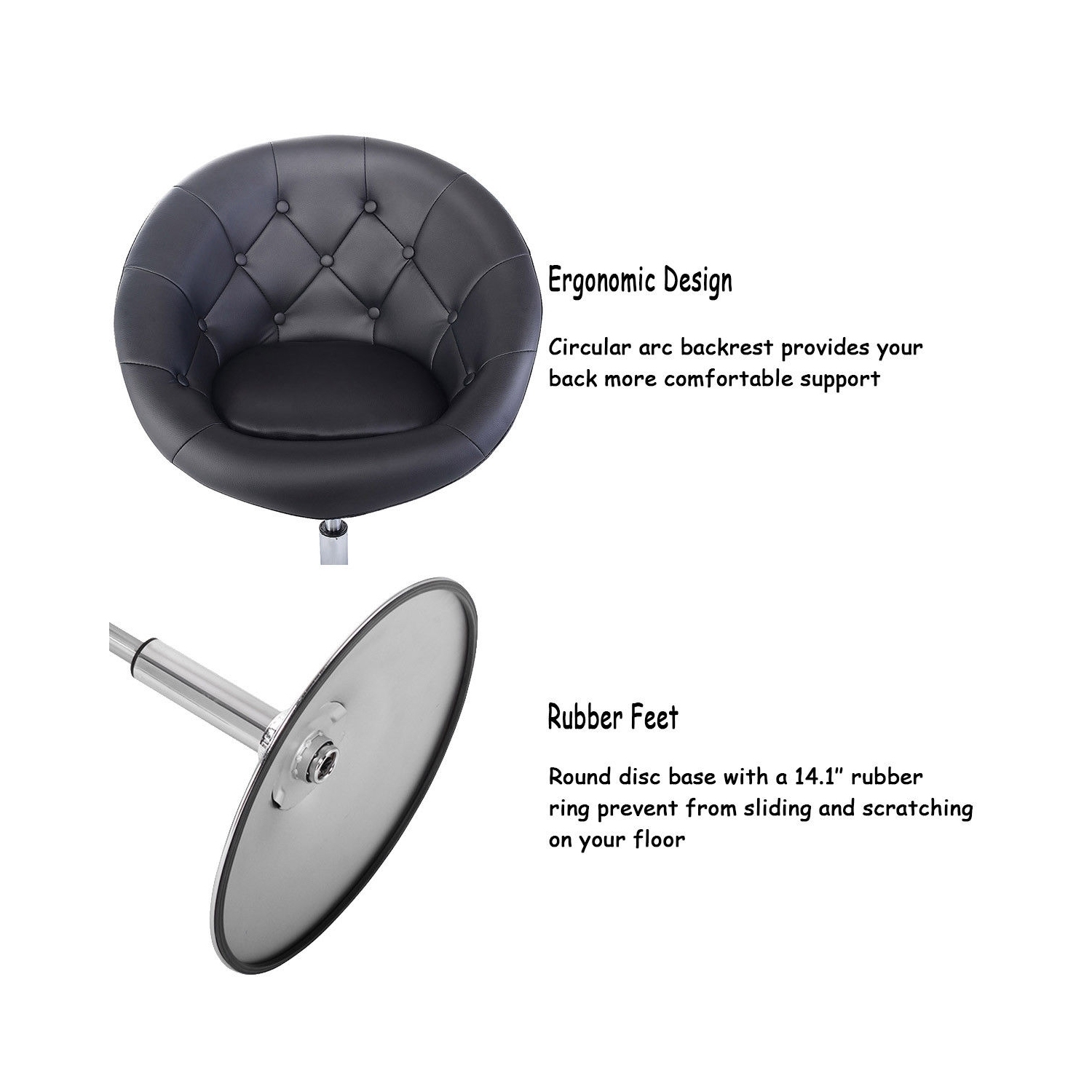 Chaise ronde pivotante moderne en similicuir pu, 1 pièce, noir