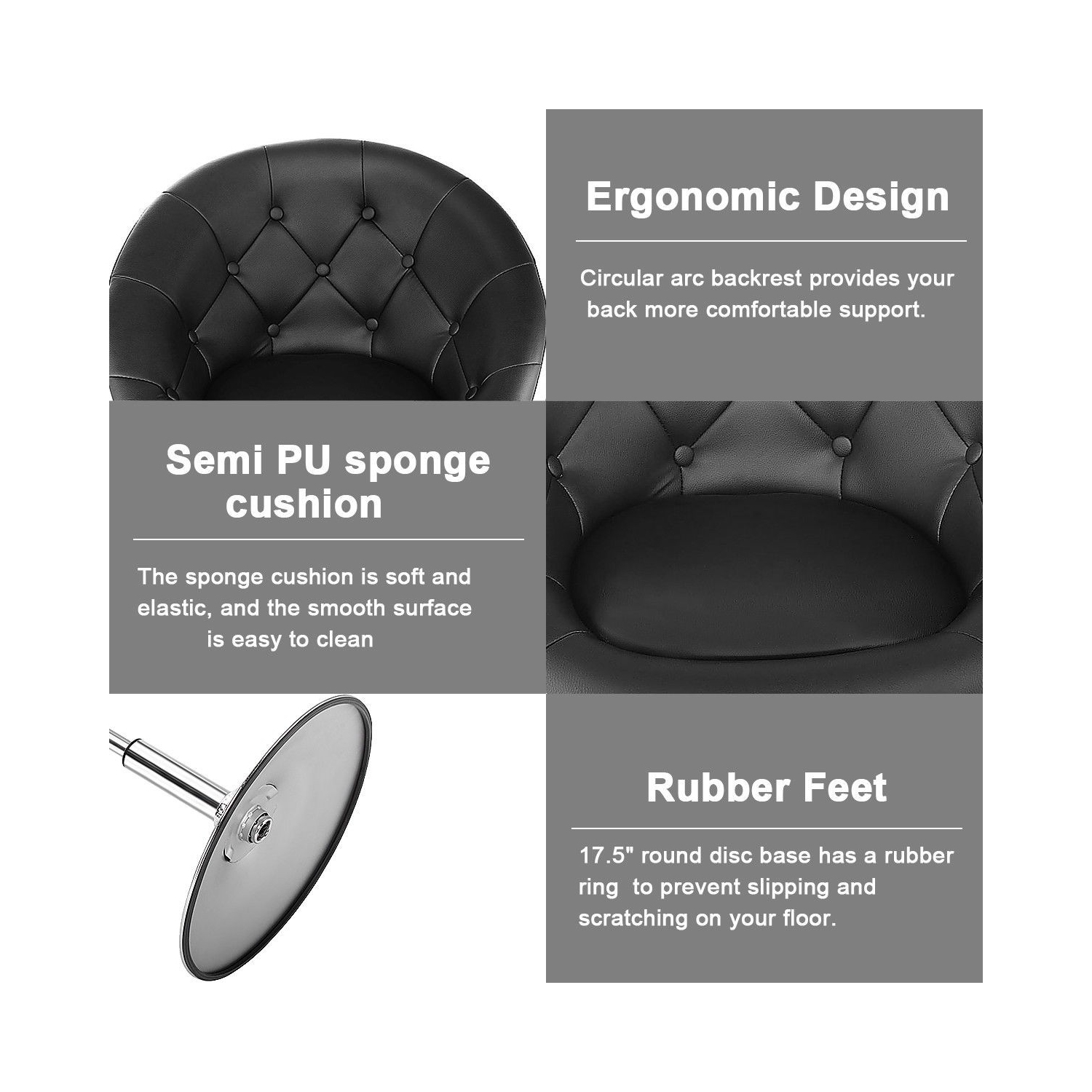 Chaise ronde pivotante moderne en similicuir pu, 1 pièce, noir