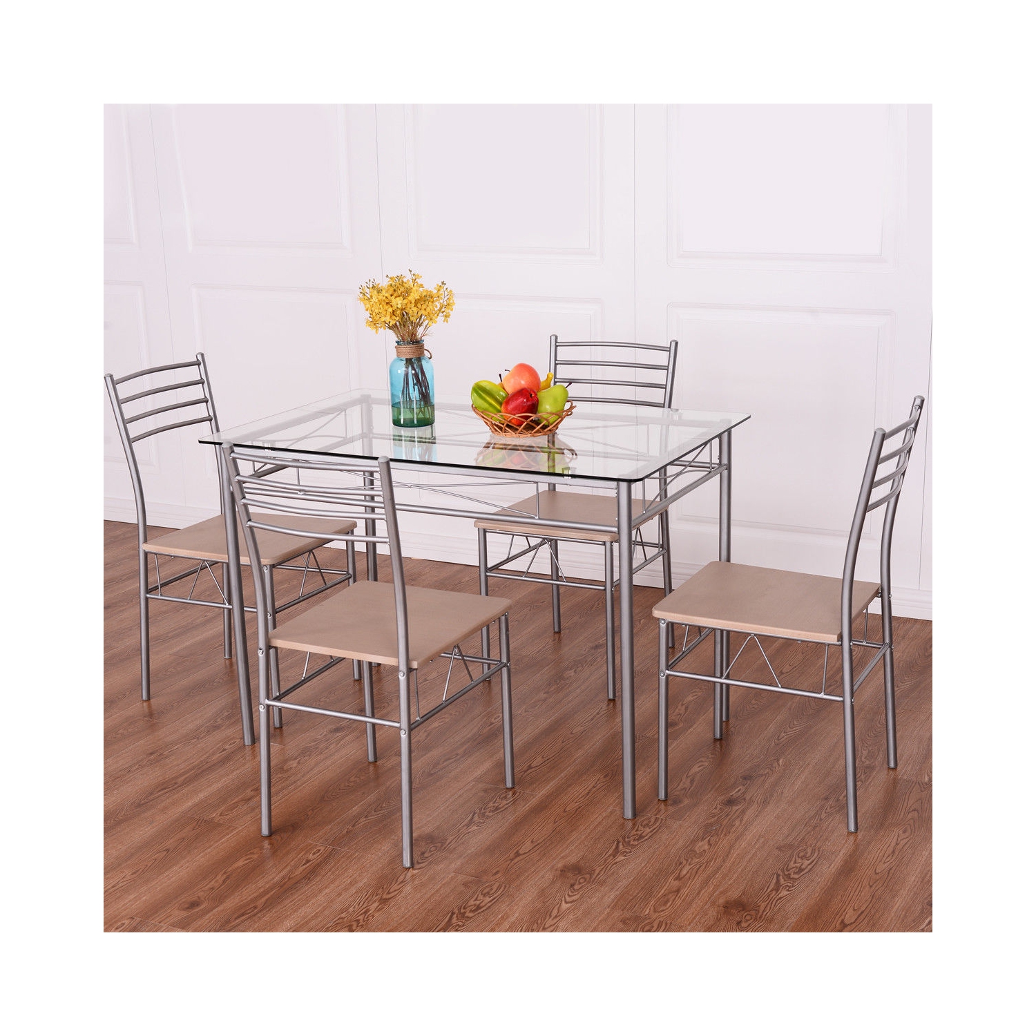 5 pcs Dining Set Glass Table and 4 Chairs