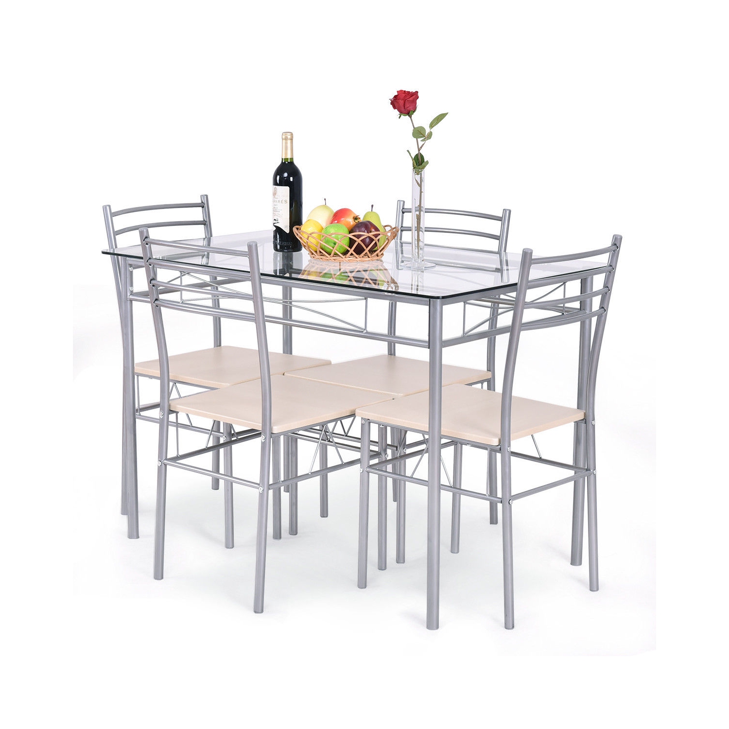 5 pcs Dining Set Glass Table and 4 Chairs