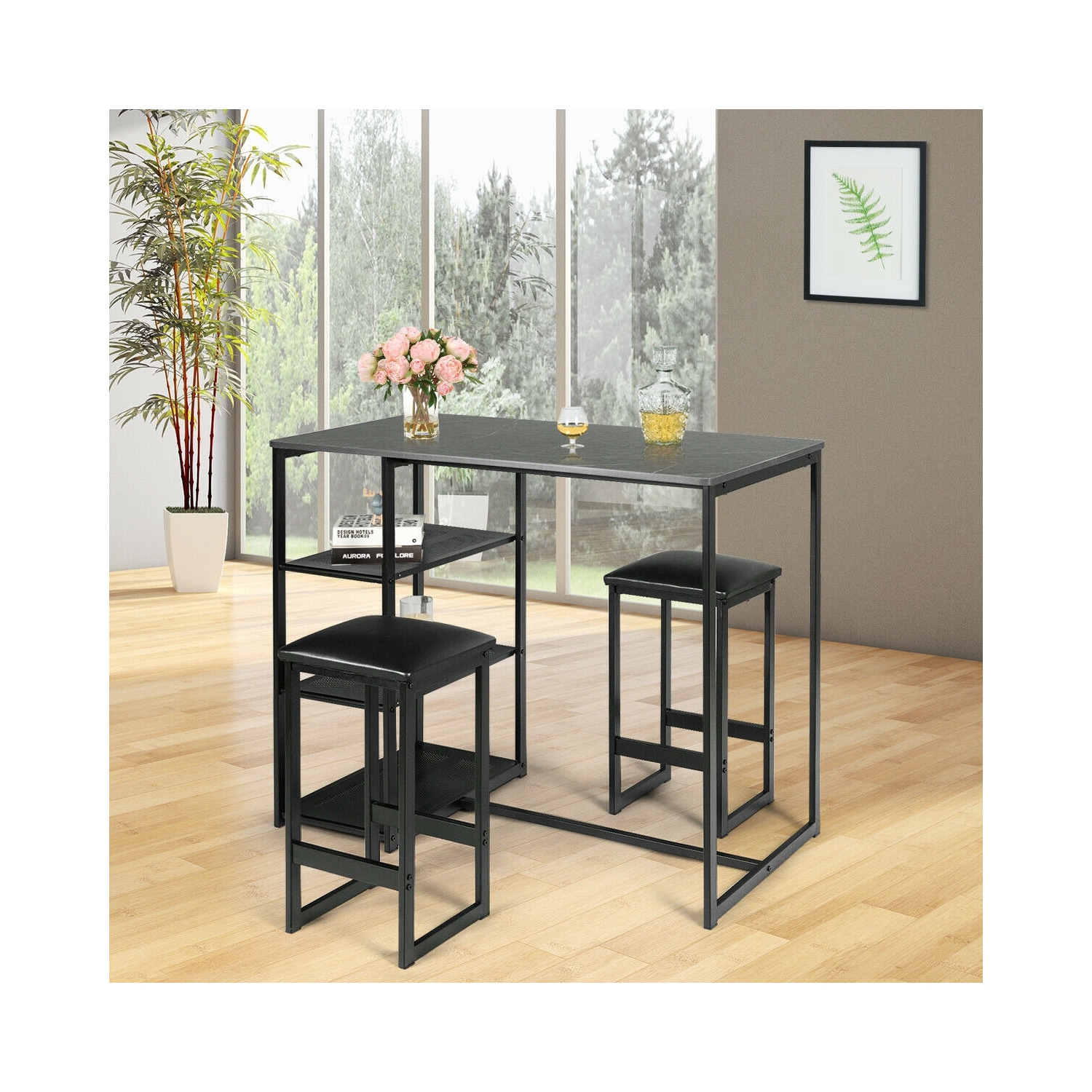 3 pcs Dining Set with Faux Marble Top Table and 2 Stools-Black