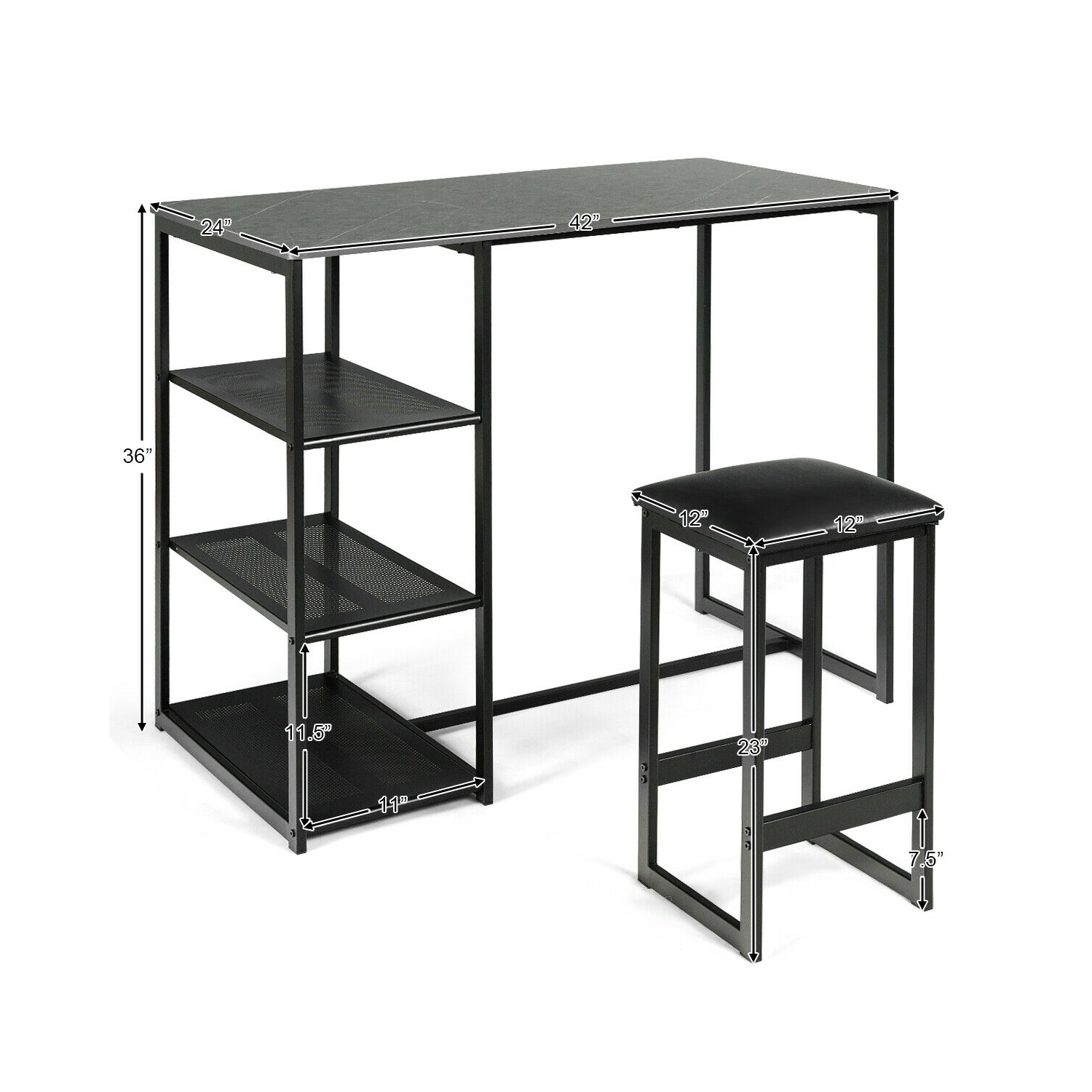 3 pcs Dining Set with Faux Marble Top Table and 2 Stools-Black