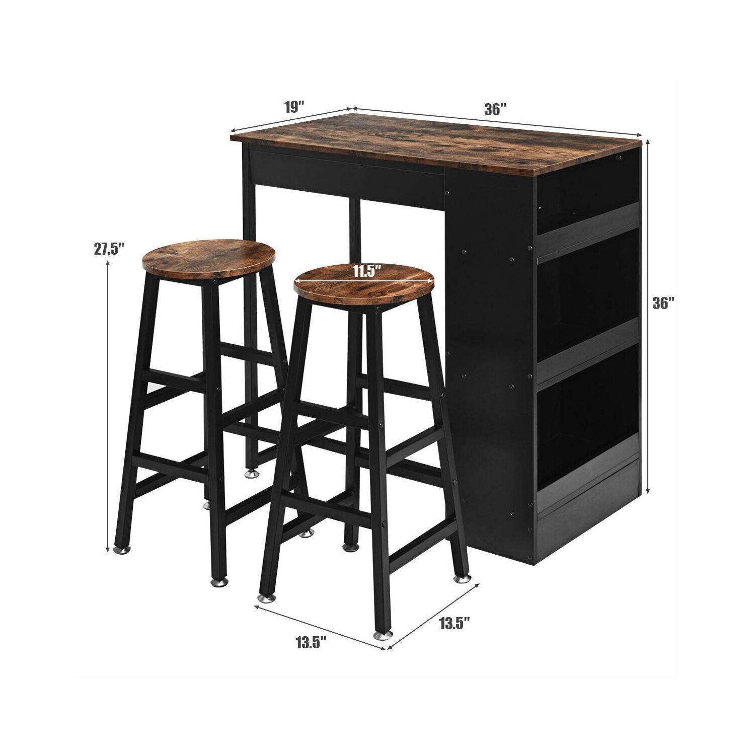 3 Pieces Bar Table Set with Storage