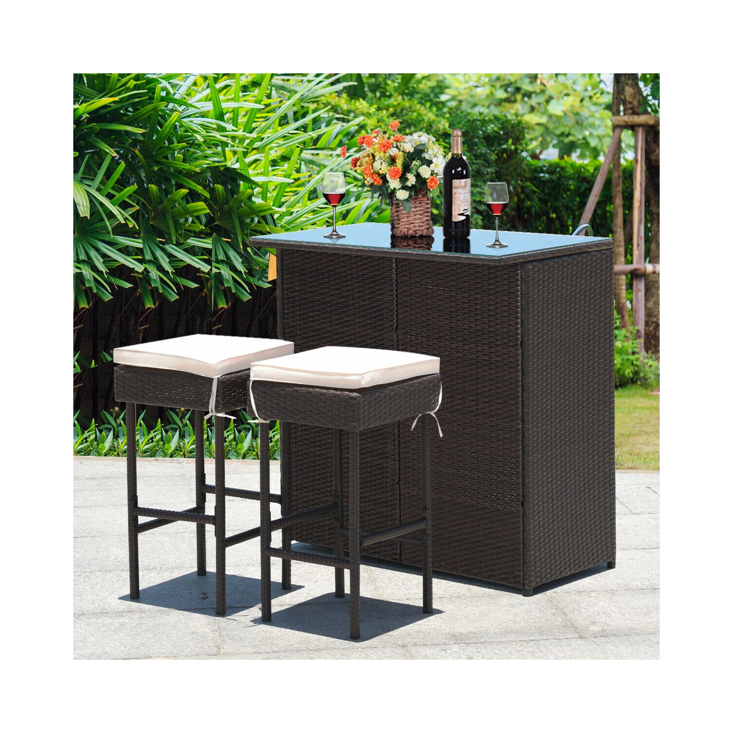 Ensemble de bar extérieur 3 pièces avec table en osier de rotin et tabourets pour salle à manger de patio