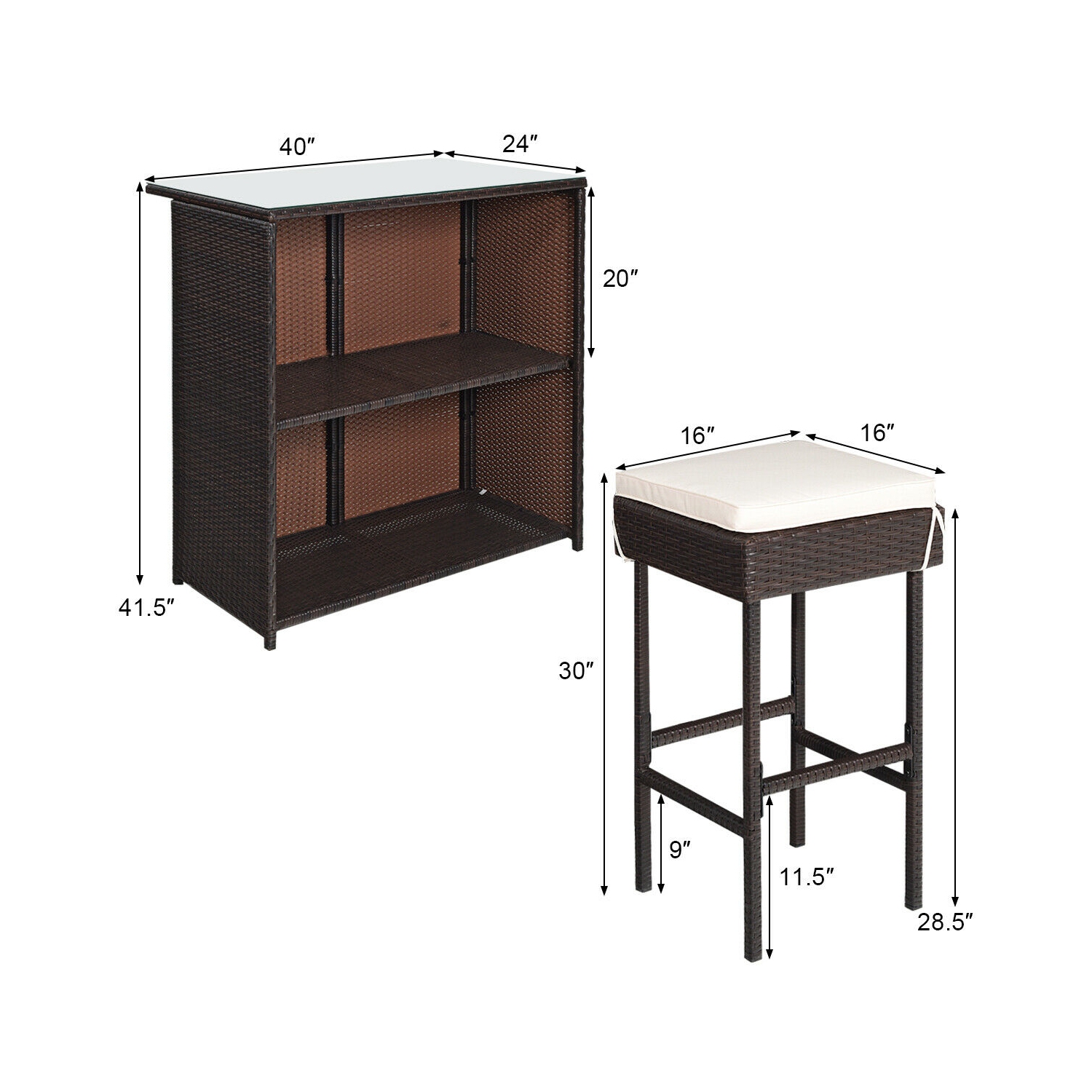 Ensemble de bar extérieur 3 pièces avec table en osier de rotin et tabourets pour salle à manger de patio