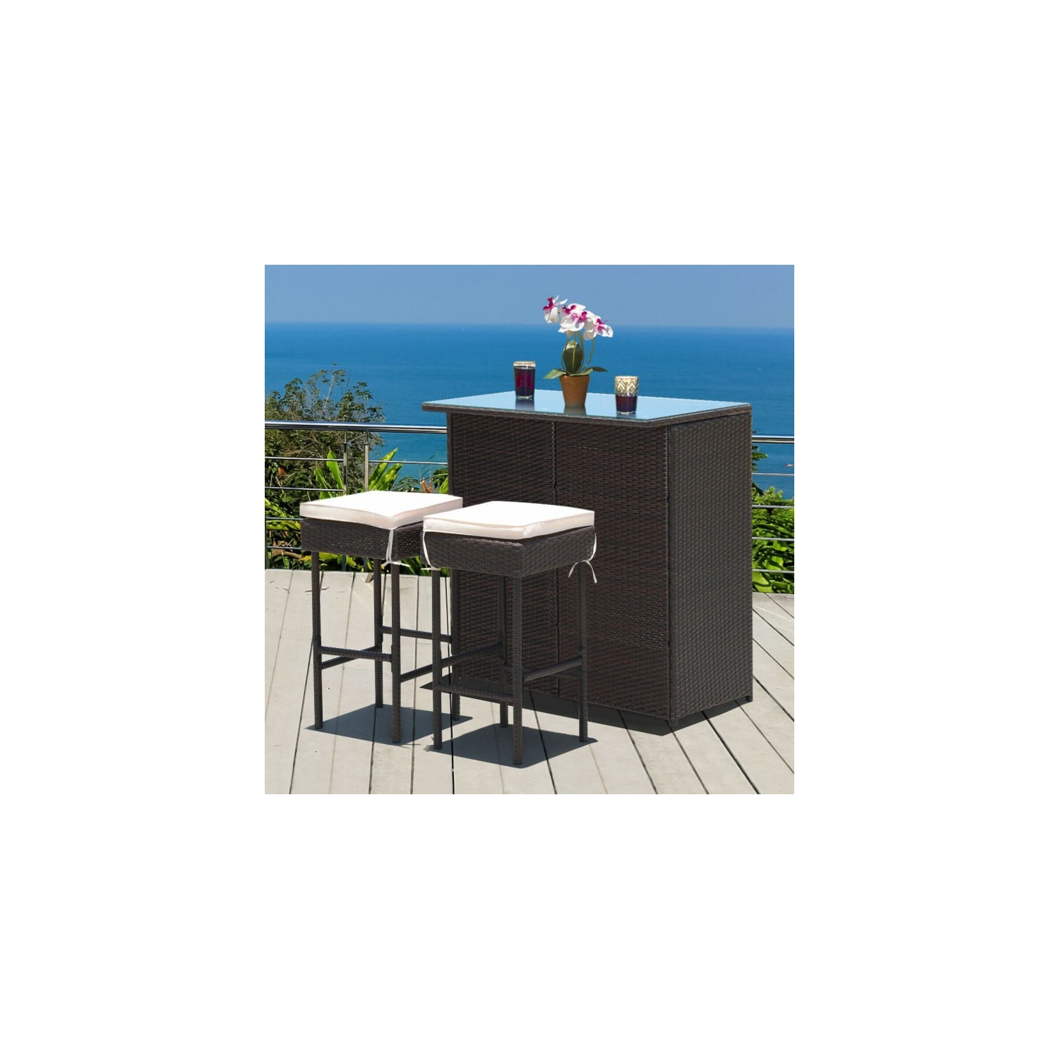 Ensemble de bar extérieur 3 pièces avec table en osier de rotin et tabourets pour salle à manger de patio