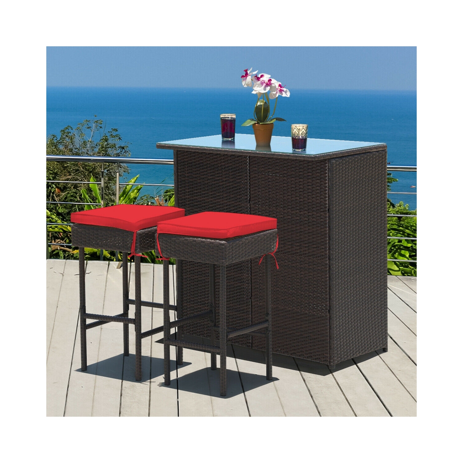 Ensemble de bar extérieur 3 pièces avec table en osier de rotin et tabourets pour salle à manger de patio