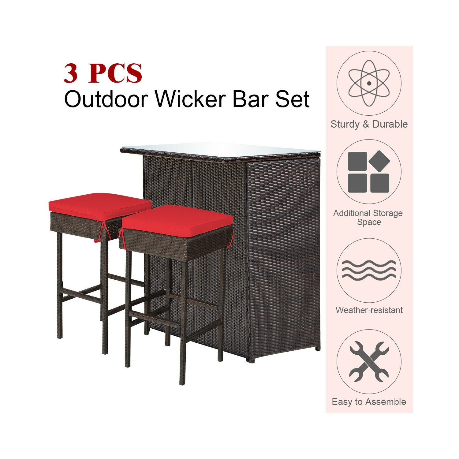 Ensemble de bar extérieur 3 pièces avec table en osier de rotin et tabourets pour salle à manger de patio