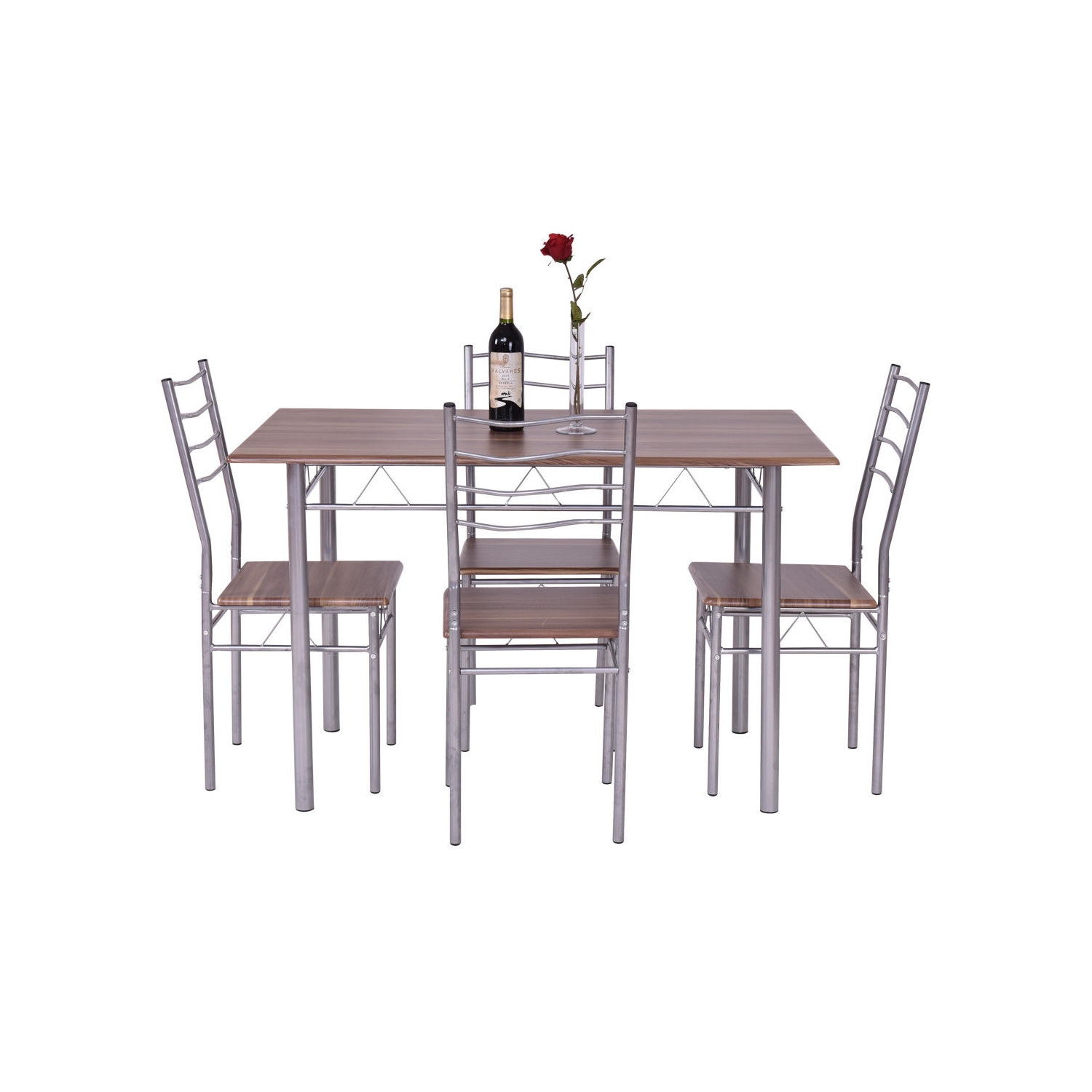 5-Piece Kitchen Dining Set – Wooden Table & 4 Chairs with Sturdy Metal Legs