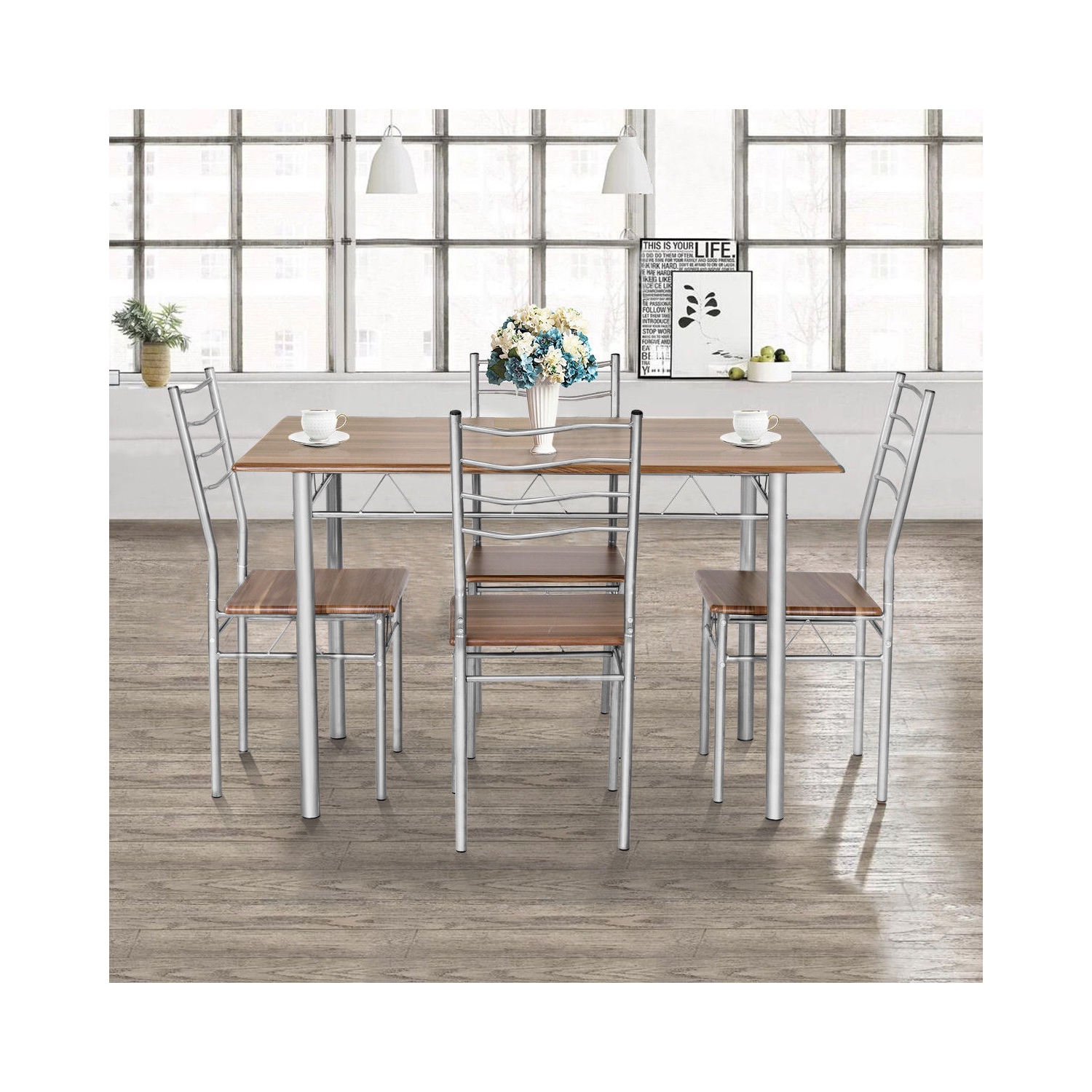 5-Piece Kitchen Dining Set – Wooden Table & 4 Chairs with Sturdy Metal Legs