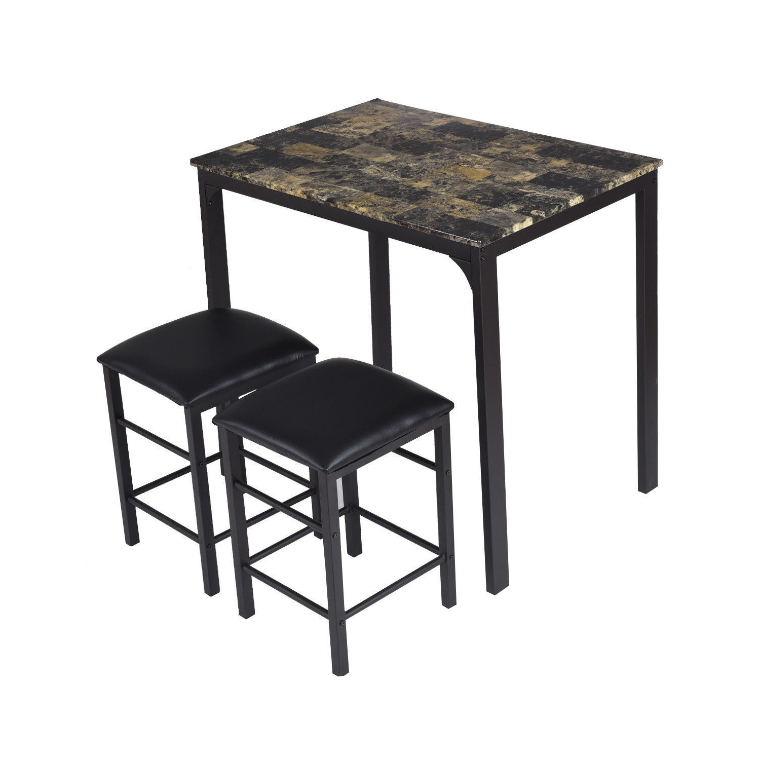 3 pcs Kitchen Counter Height Faux Marble Table 2 Chairs Set