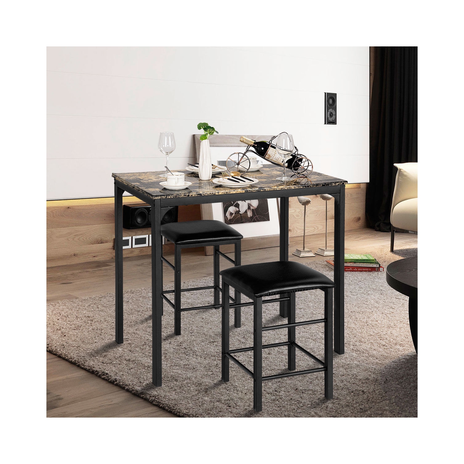 3 pcs Kitchen Counter Height Faux Marble Table 2 Chairs Set