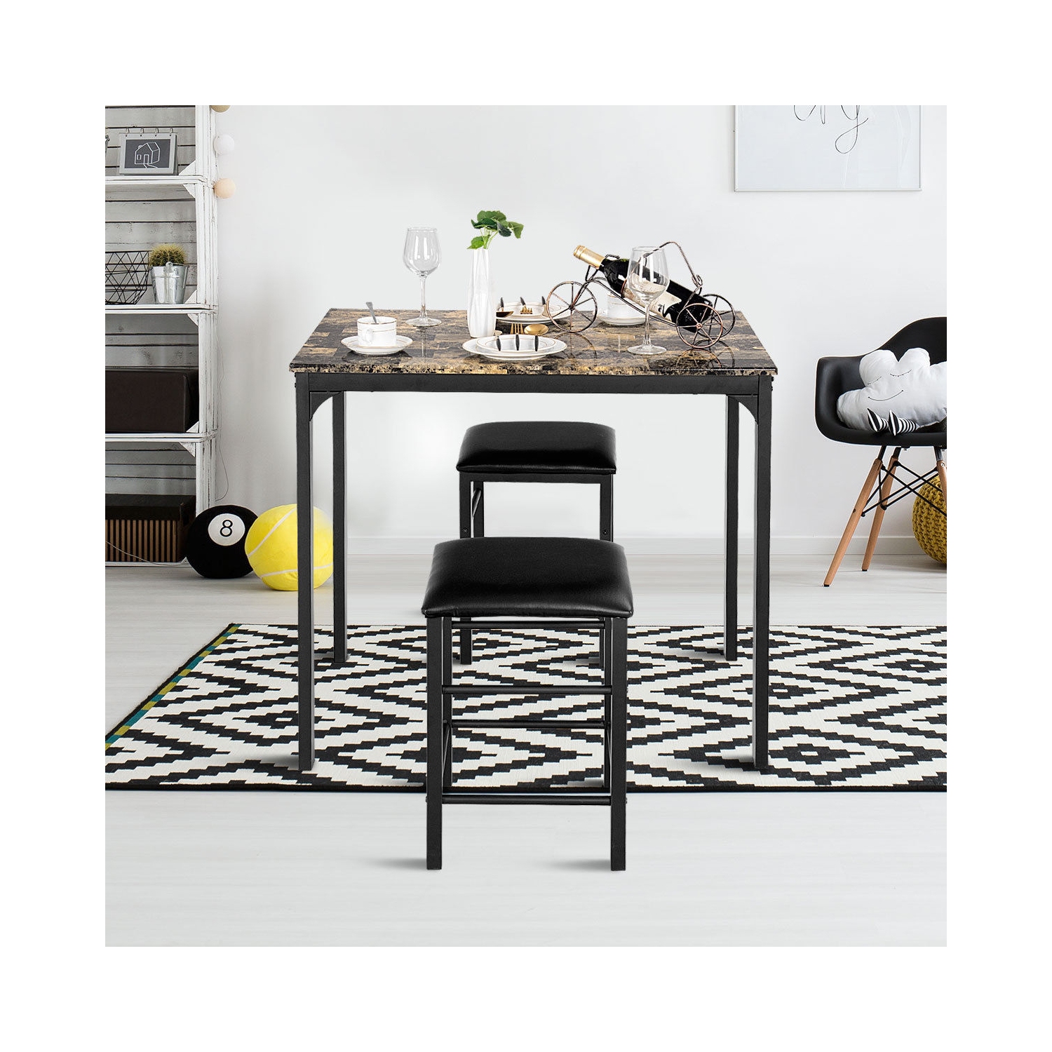 3 pcs Kitchen Counter Height Faux Marble Table 2 Chairs Set