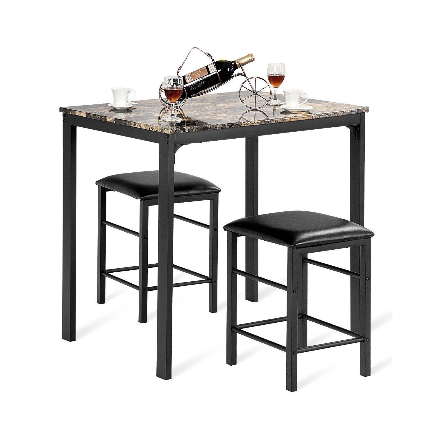 3 pcs Kitchen Counter Height Faux Marble Table 2 Chairs Set