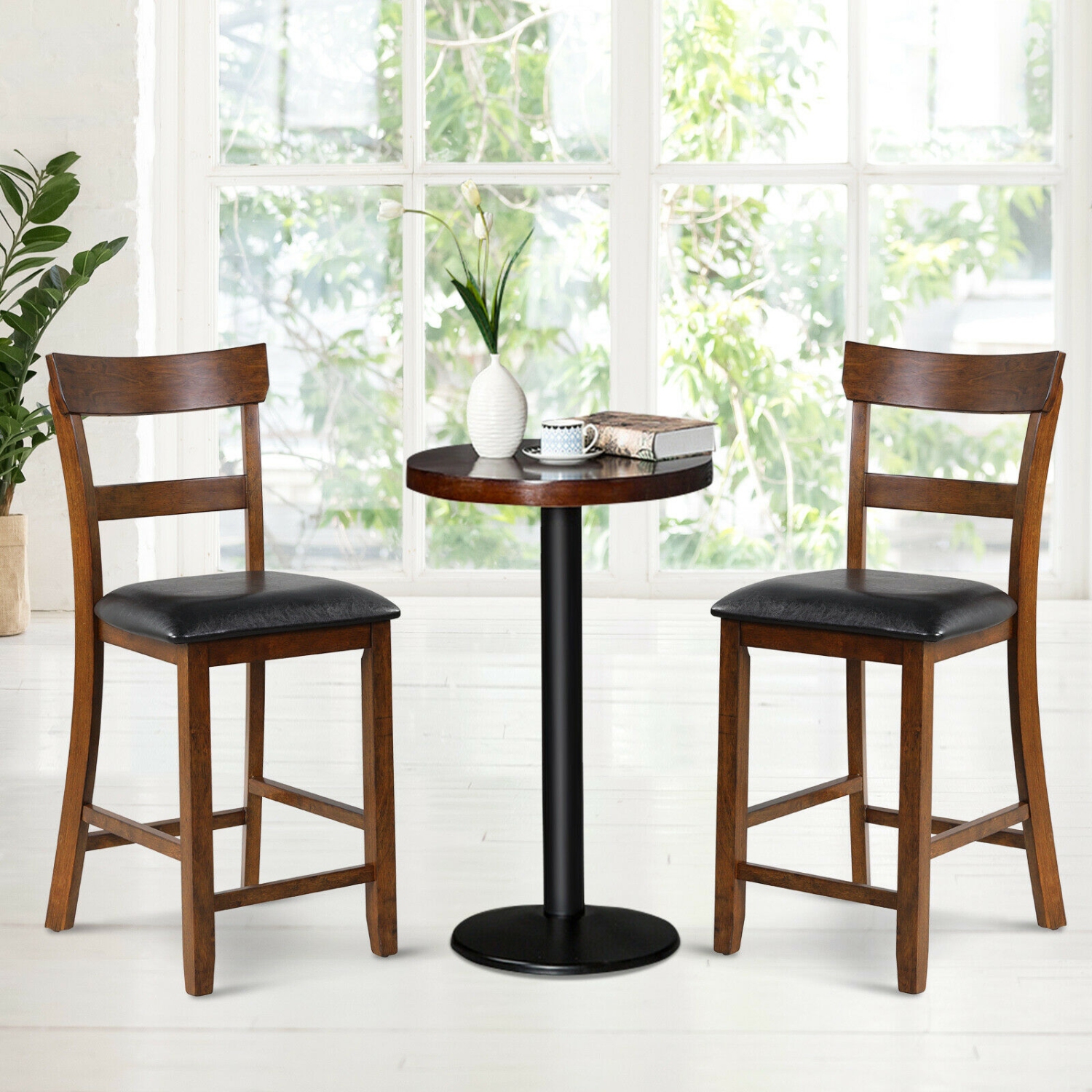 2Pcs Counter Height Chair Set with Leather Seat and Rubber Wood Legs