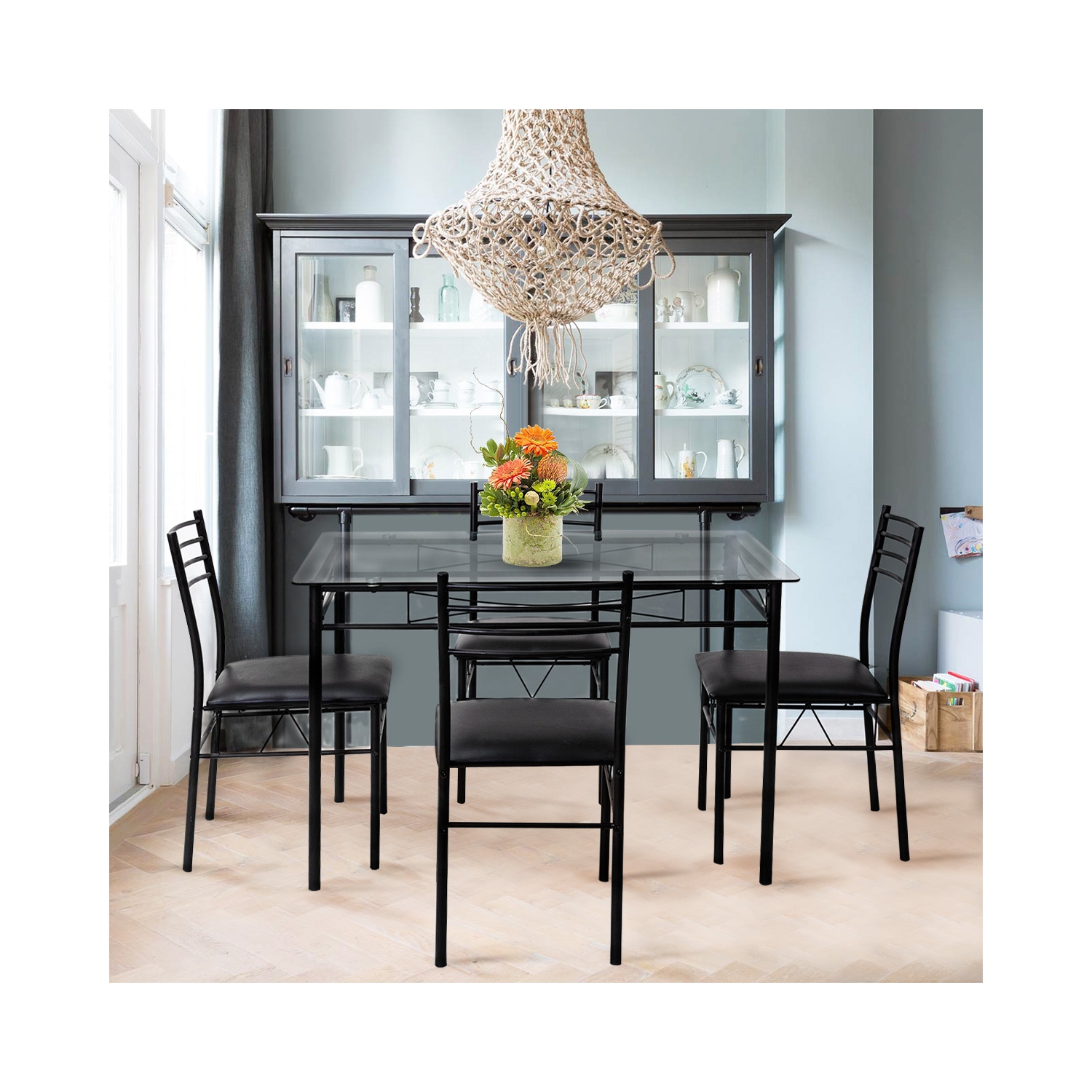 5 pcs Dining Glass Top Table & 4 Upholstered Chairs