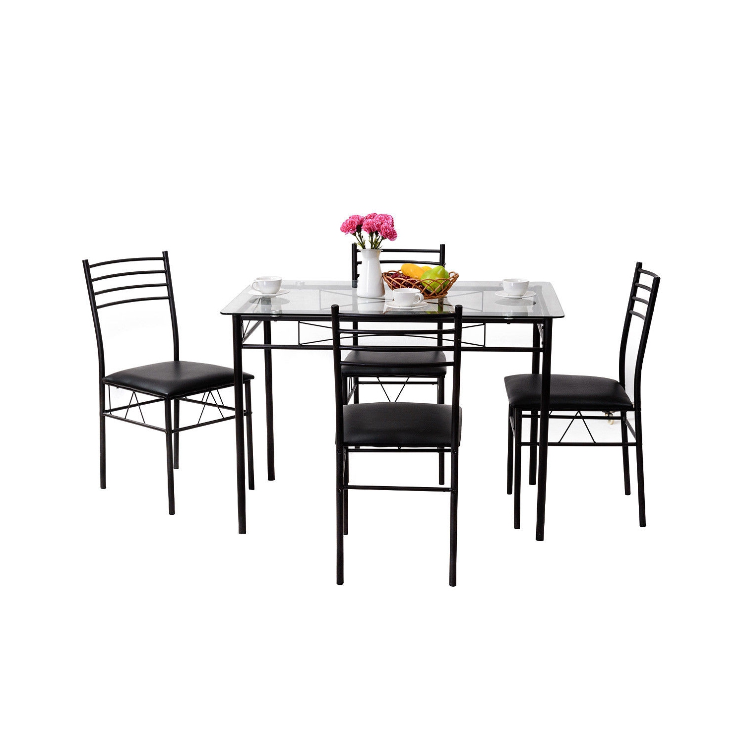 5 pcs Dining Glass Top Table & 4 Upholstered Chairs
