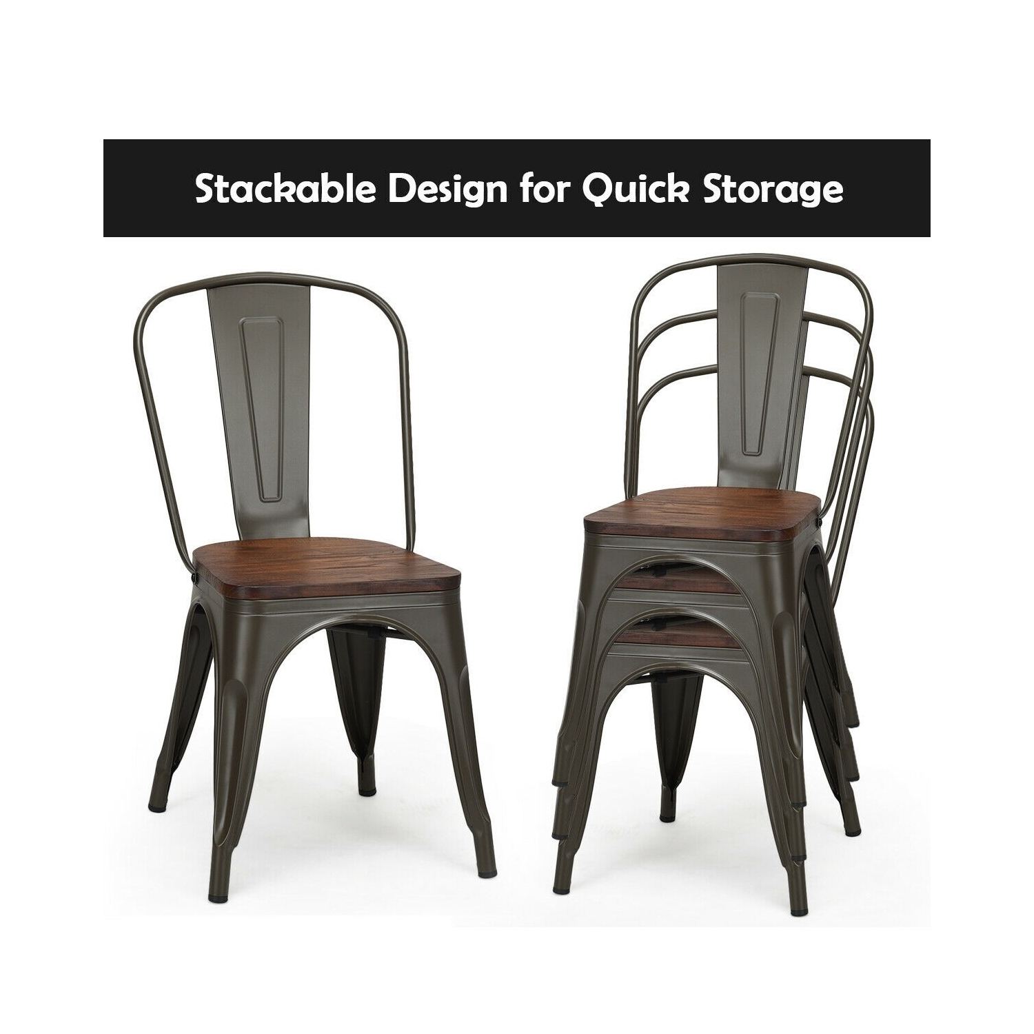 18 Inch Set of 4 Stackable Metal Dining Chair with Wood Seat