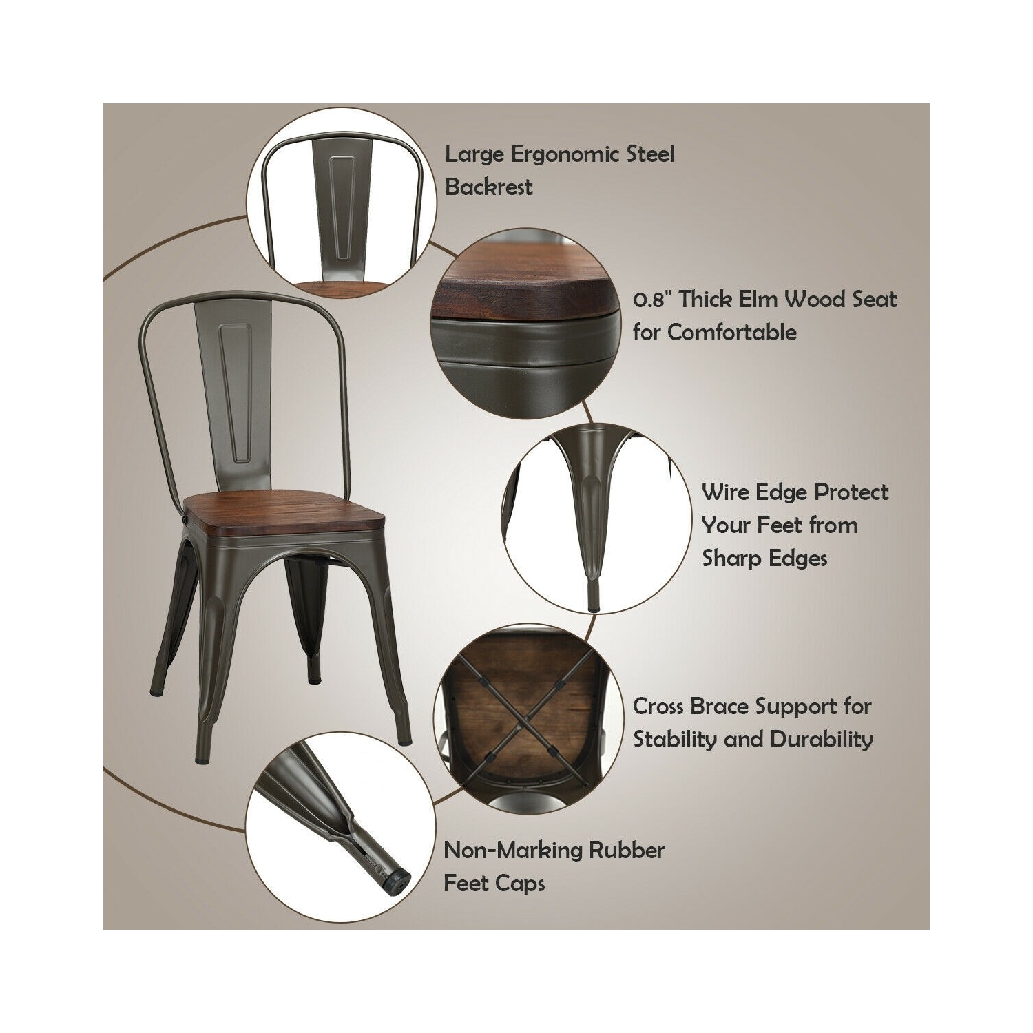 18 Inch Set of 4 Stackable Metal Dining Chair with Wood Seat