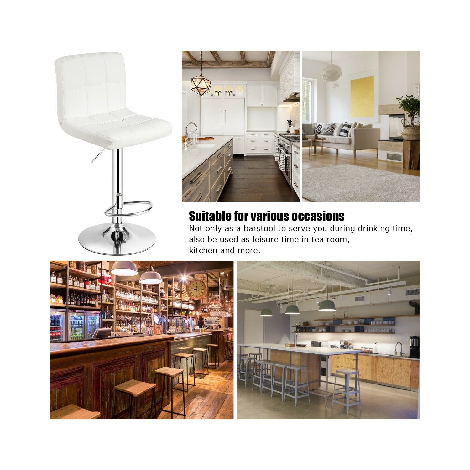 Armless PU Leather Bar Stool with Adjustable Height and Swivel Seat