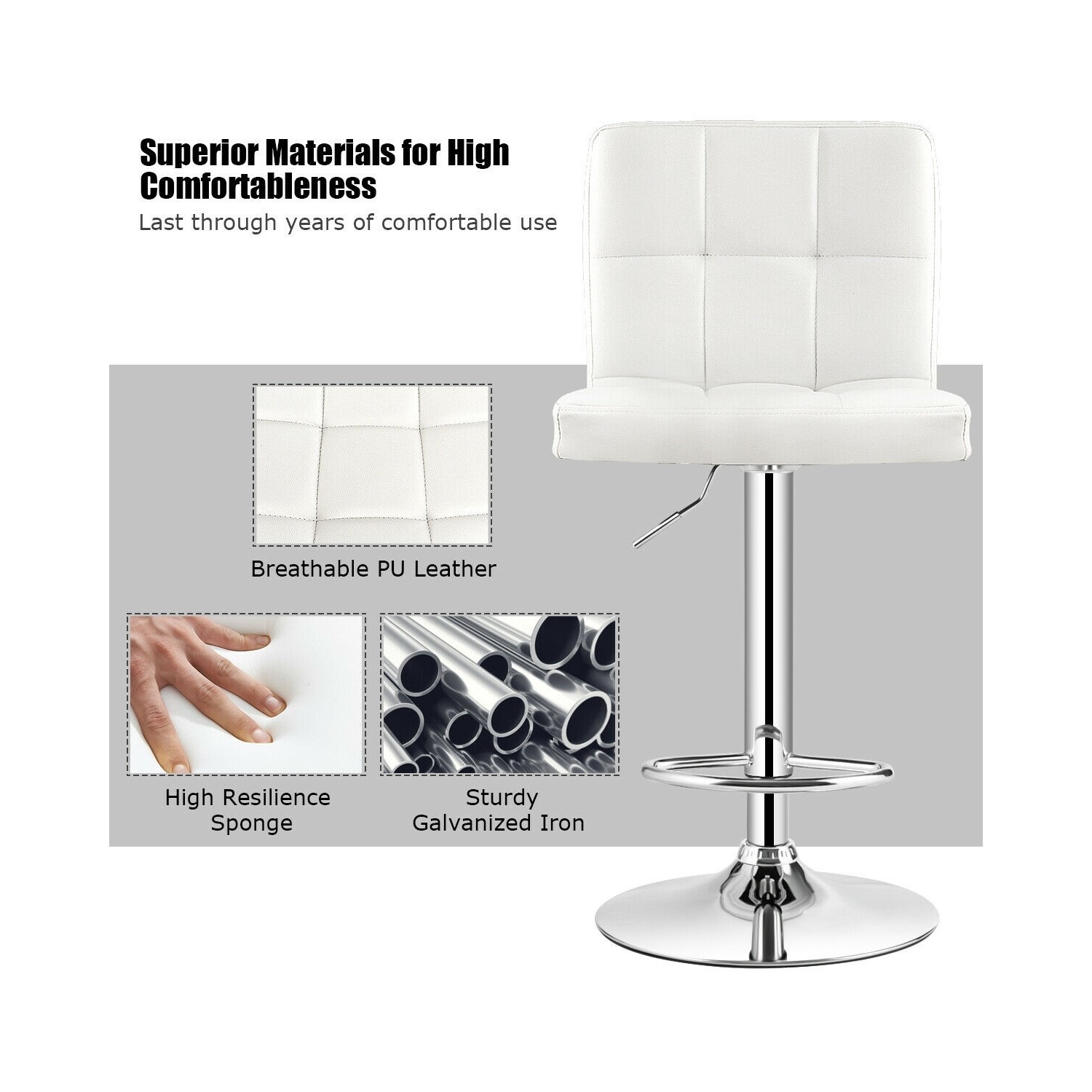 Armless PU Leather Bar Stool with Adjustable Height and Swivel Seat