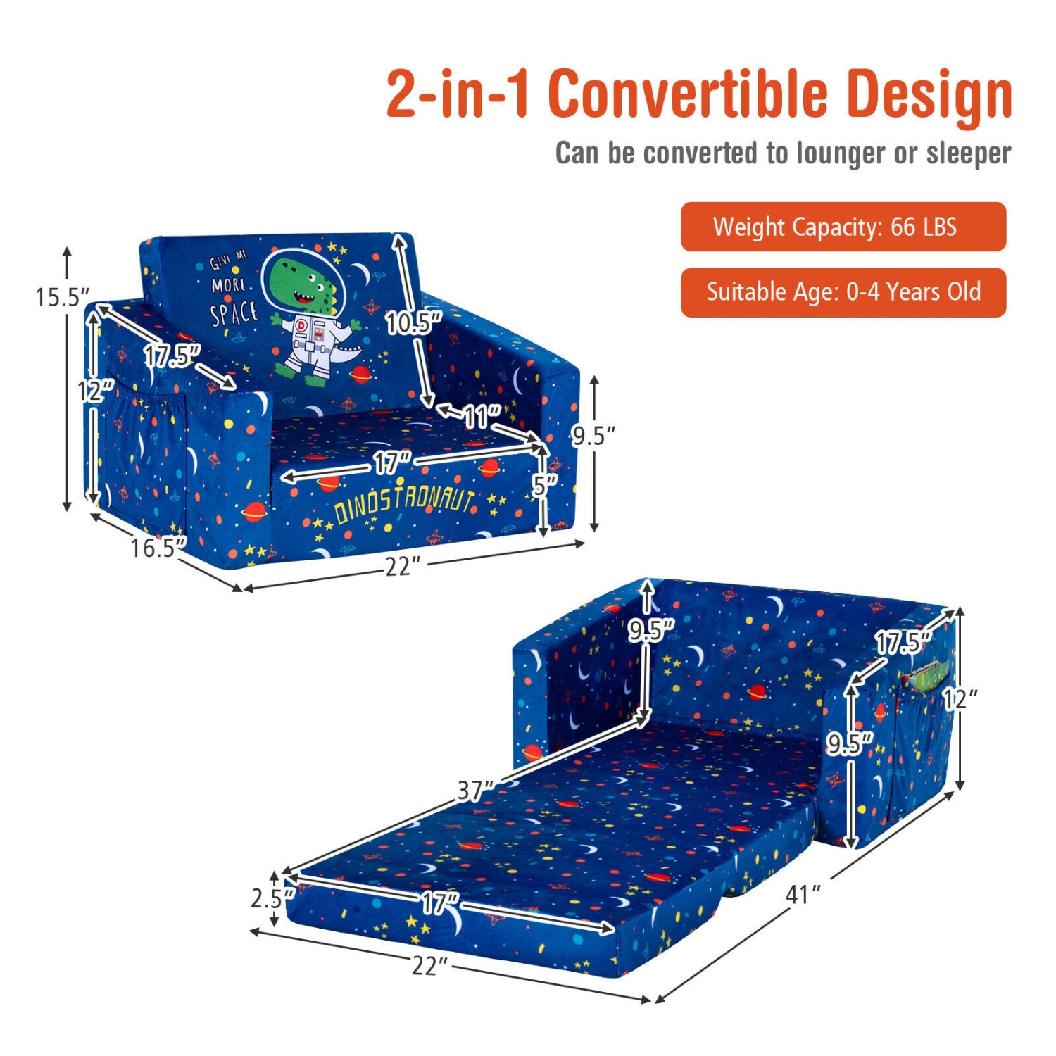 2-in-1 Kids Sofa with Velvet Fabric for Playroom or Bedroom