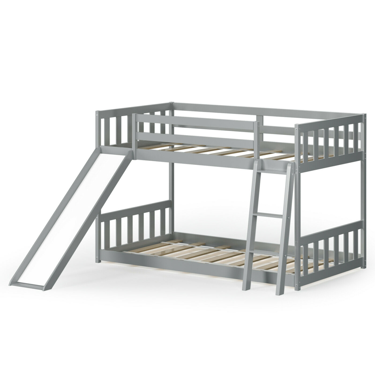 Lit superposé simple sur lit simple en bois bas avec échelle coulissante pour enfants-gris