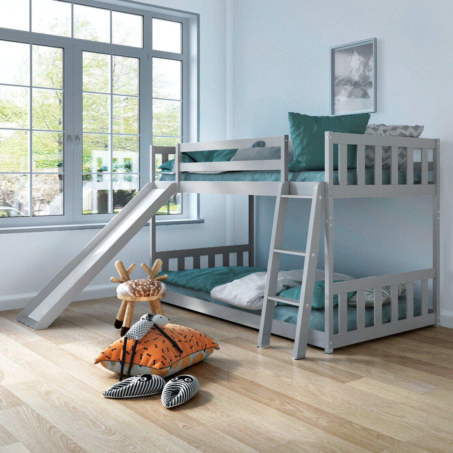 Lit superposé simple sur lit simple en bois bas avec échelle coulissante pour enfants-gris
