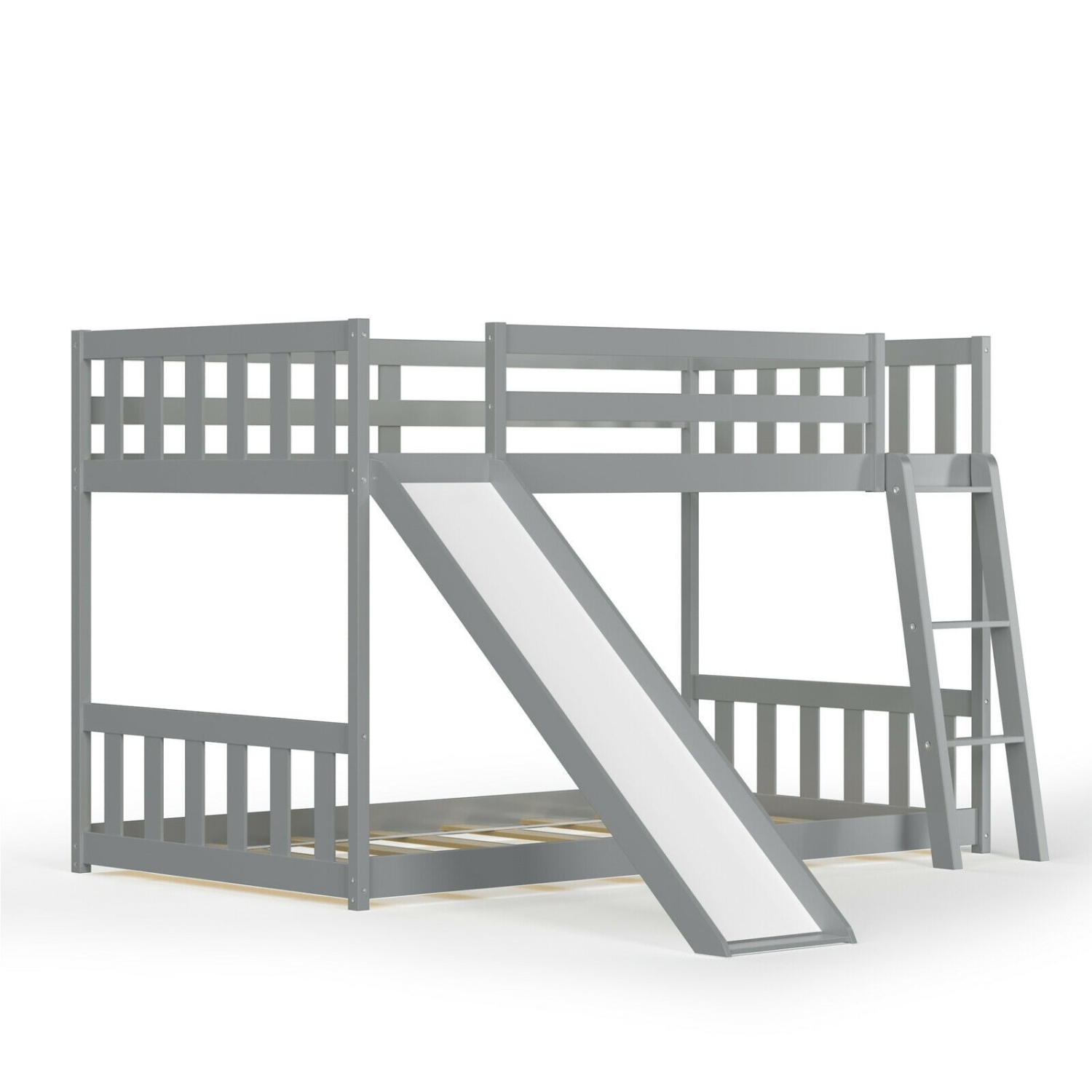 Lit superposé simple sur lit simple en bois bas avec échelle coulissante pour enfants-gris