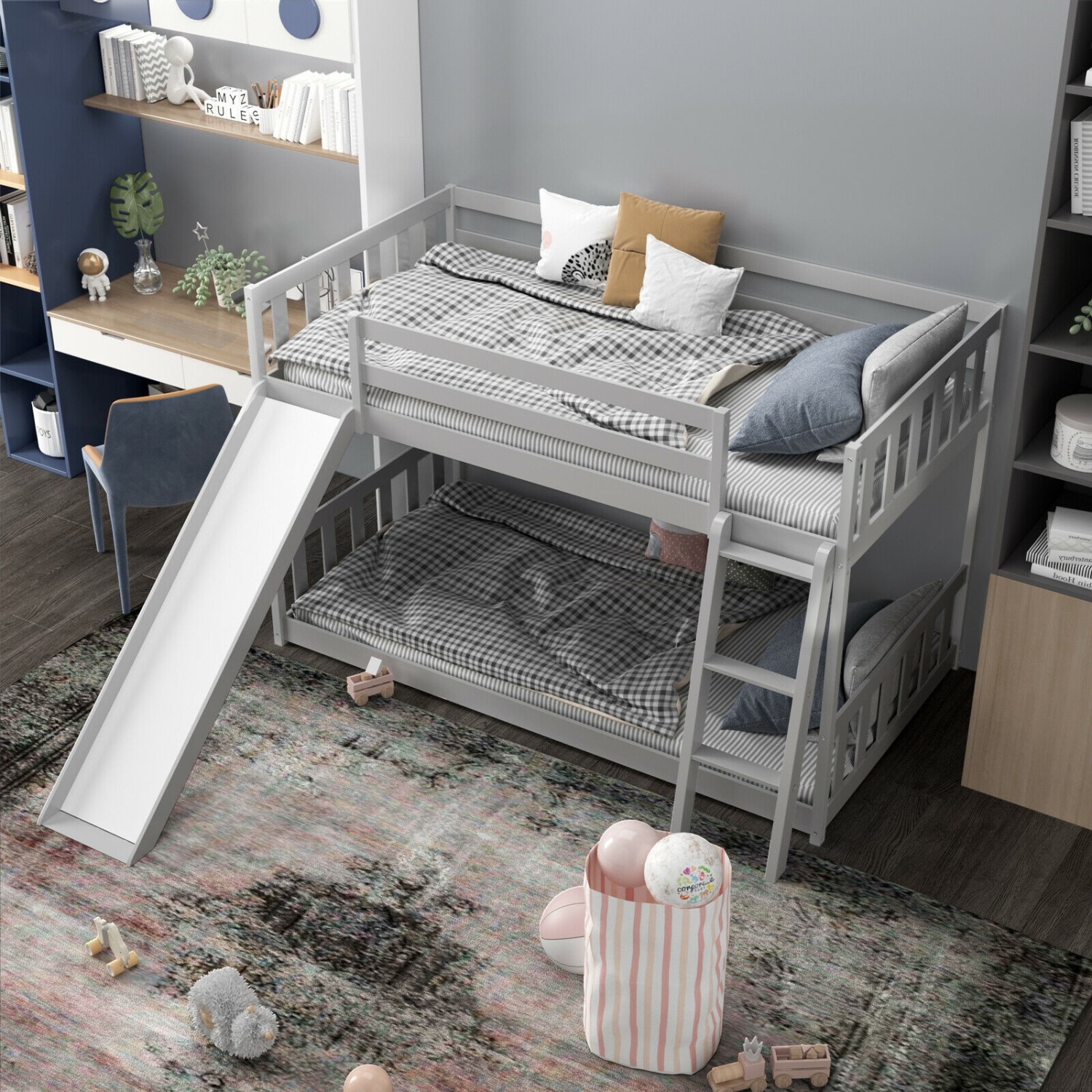 Lit superposé simple sur lit simple en bois bas avec échelle coulissante pour enfants-gris